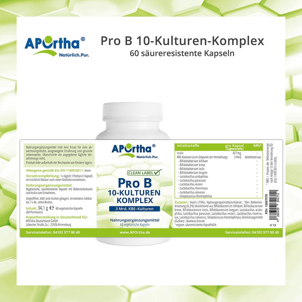 APOrtha Pro B 10-Kulturen-Komplex: 60 Kapseln, Nährwertangaben, Inhaltsstoffe, Herstellerinformationen.