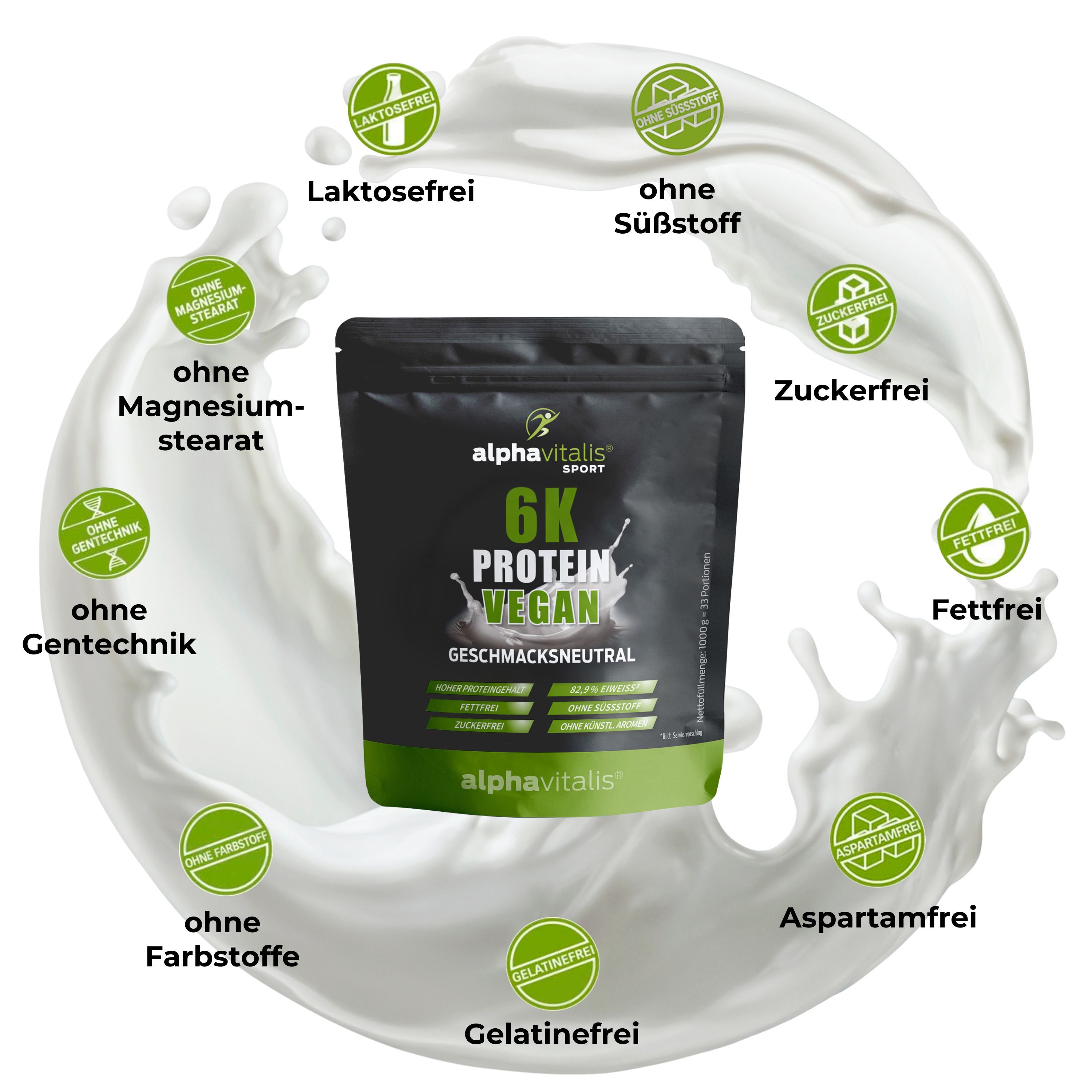 Schwarze Verpackung mit Alphavitalis Logo. Text: 6K Protein Vegan, geschmacksneutral. Ohne: Laktose, Süßstoff, Zucker, Fett, Magnesiumstearat.
