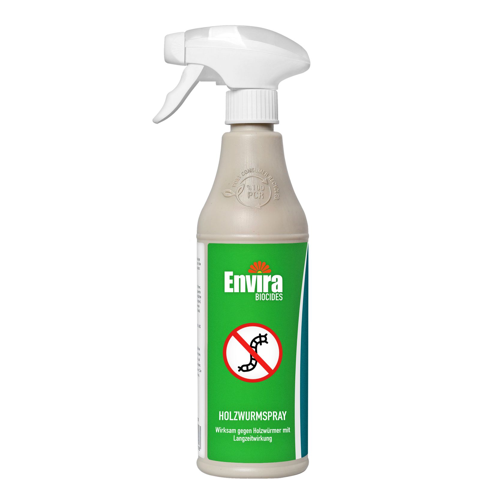 Sprühflasche mit grünem Etikett und weißem Sprühkopf. Text: Envira, Holzschutzspray. Rotes Symbol: Holzwurm durchgestrichen.