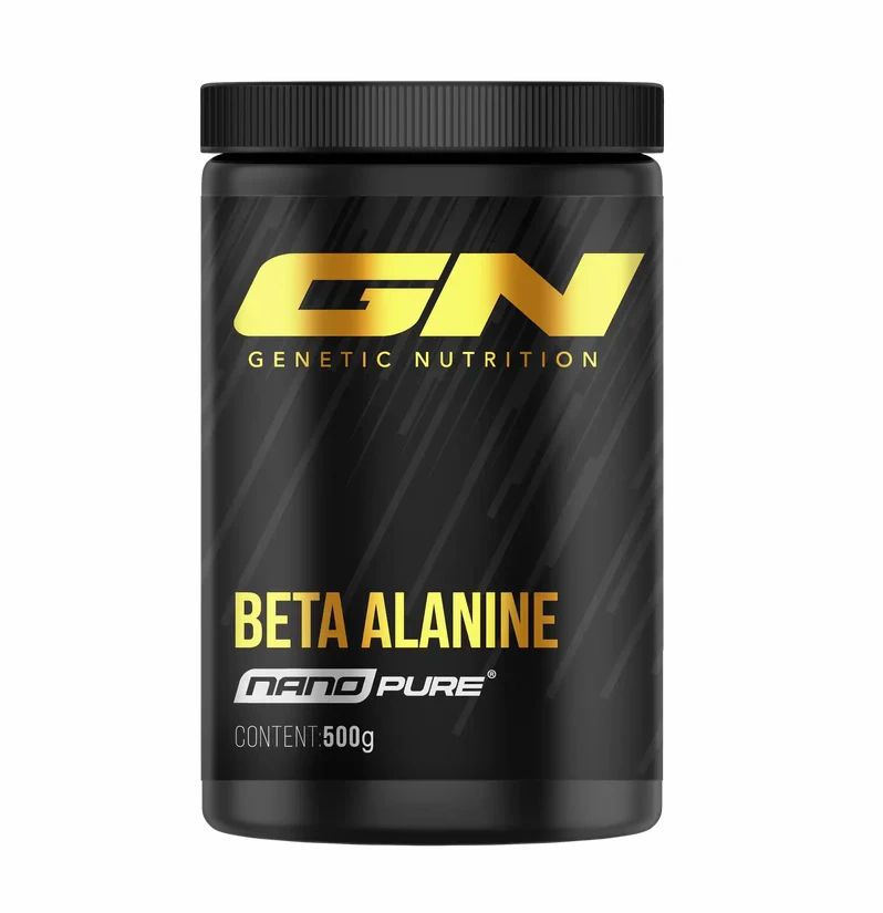 Schwarze Dose mit goldener Schrift: "Beta Alanine Nano Pure". "Genetic Nutrition". Inhalt 500g.