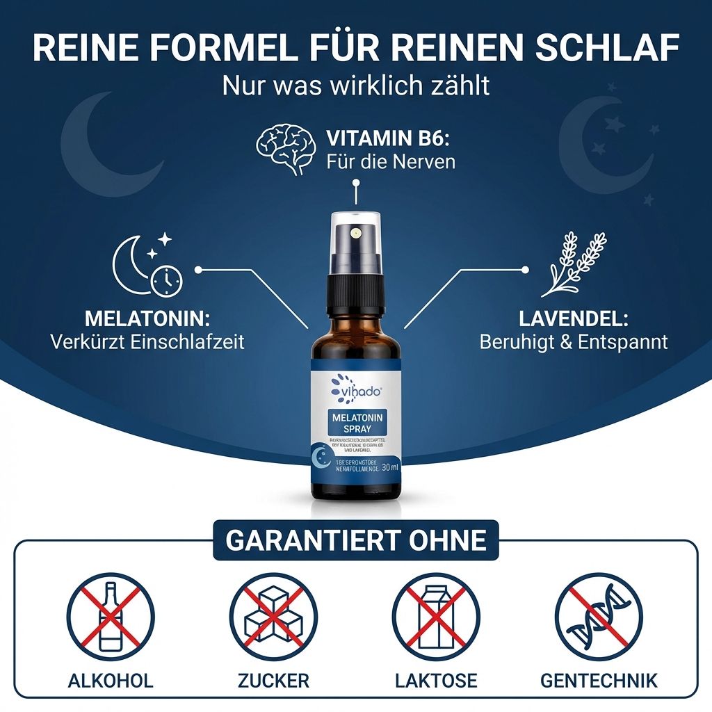 Vihado Melatonin Spray: Reine Formel für reinen Schlaf. Mit Melatonin, Vitamin B6, Lavendel. Garantiert ohne Alkohol, Zucker, Laktose, Gentechnik.
