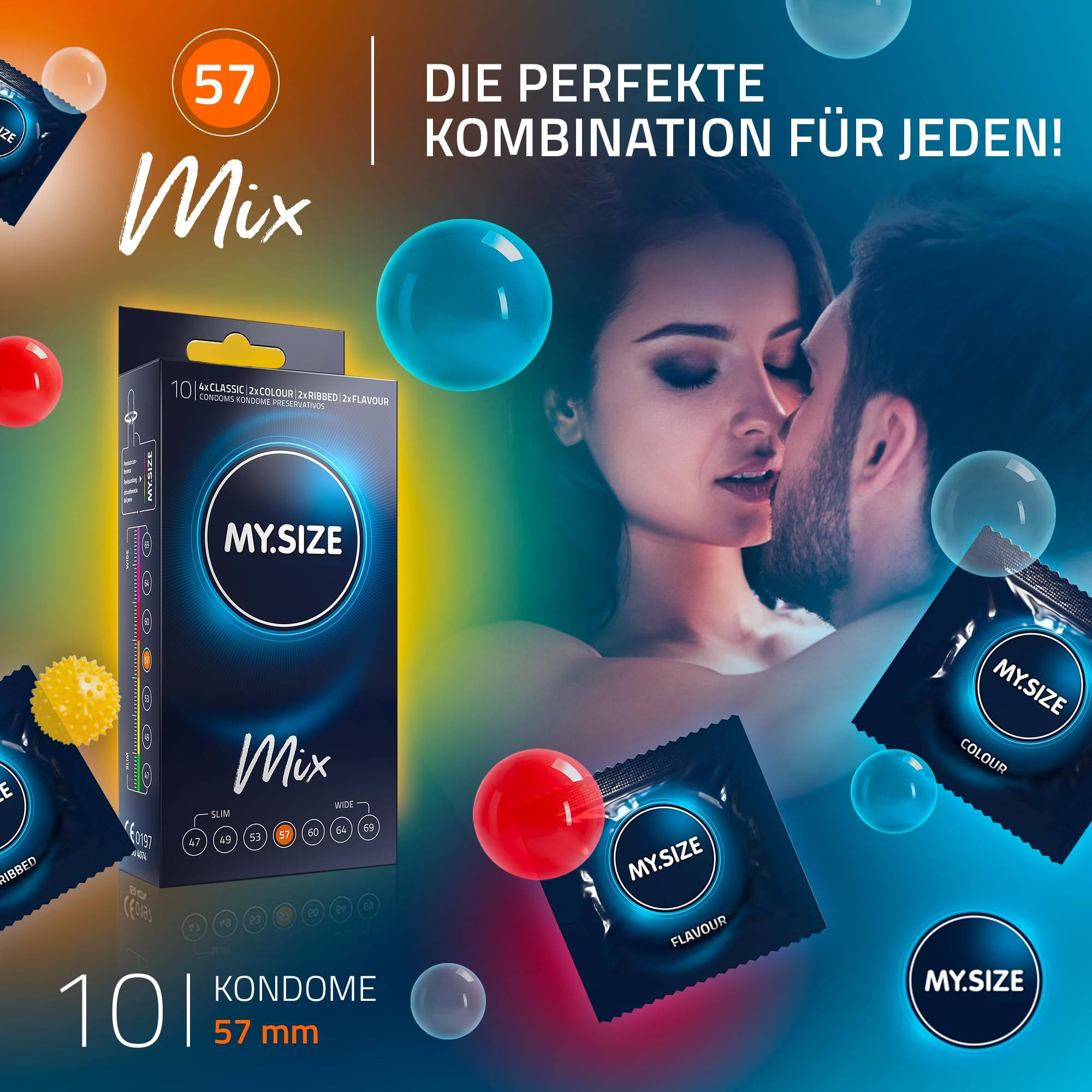 MY.SIZE Mix Kondompackung mit 10 Kondomen, 57 mm Nennweite.