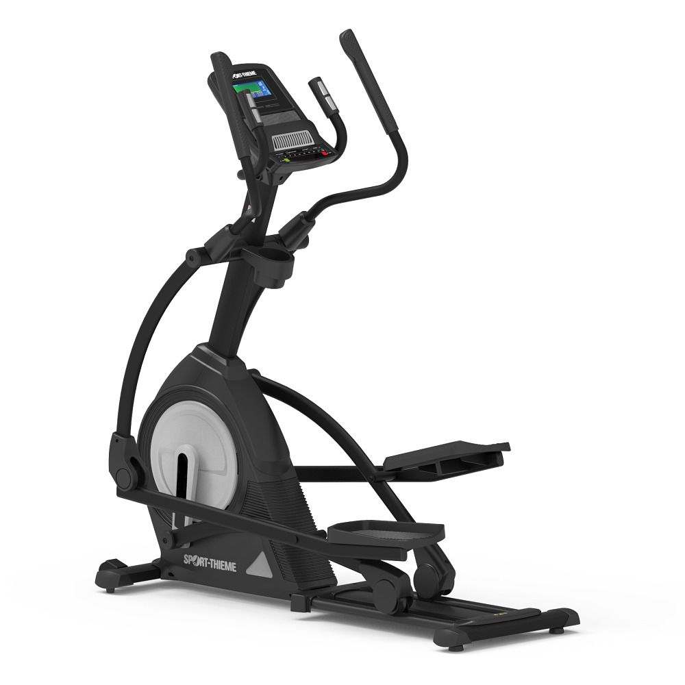 Crosstrainer, schwarz mit silbernen Akzenten. Konsole mit Display. Griffe und Pedale. Marke: Sport-Thieme.