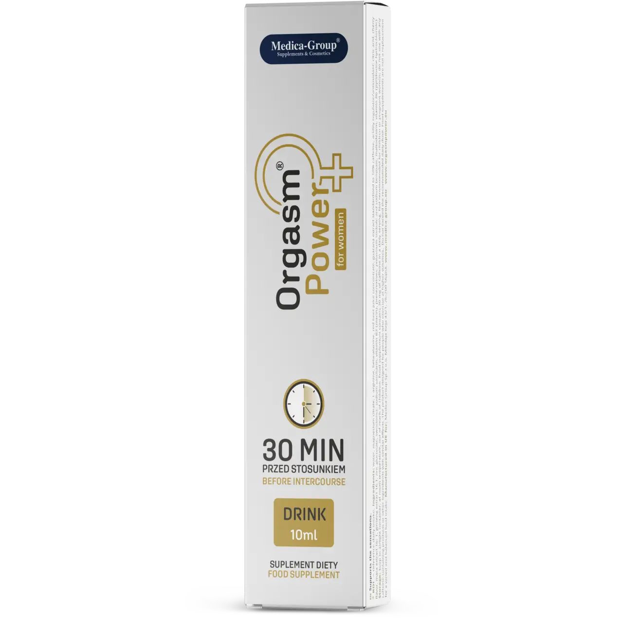 Produktverpackung. Aufschrift: Orgasm Power for women, 30 min, Drink 10ml. Marke: Medica-Group.