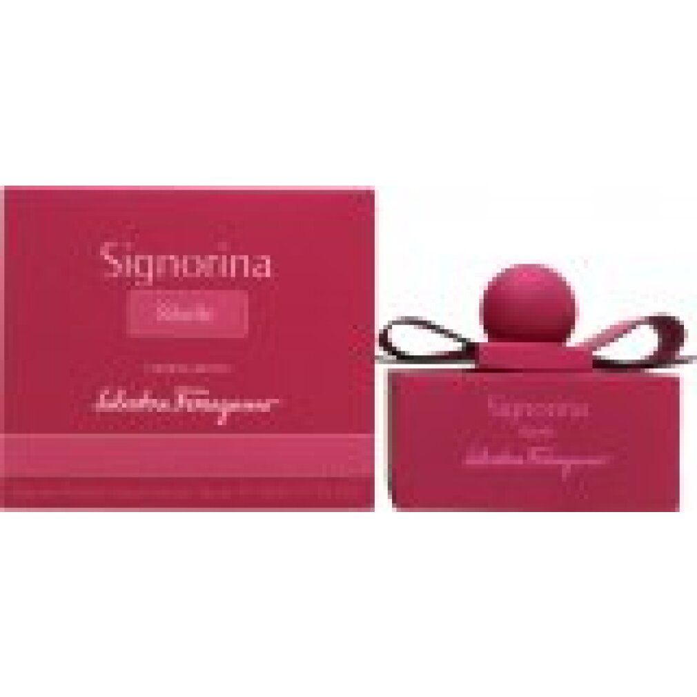 Salvatore Ferragamo Signorina Ribelle Eau de Parfum Flakon und Verpackung in Pink. Flakon mit Schleife und kugelförmigem Verschluss.
