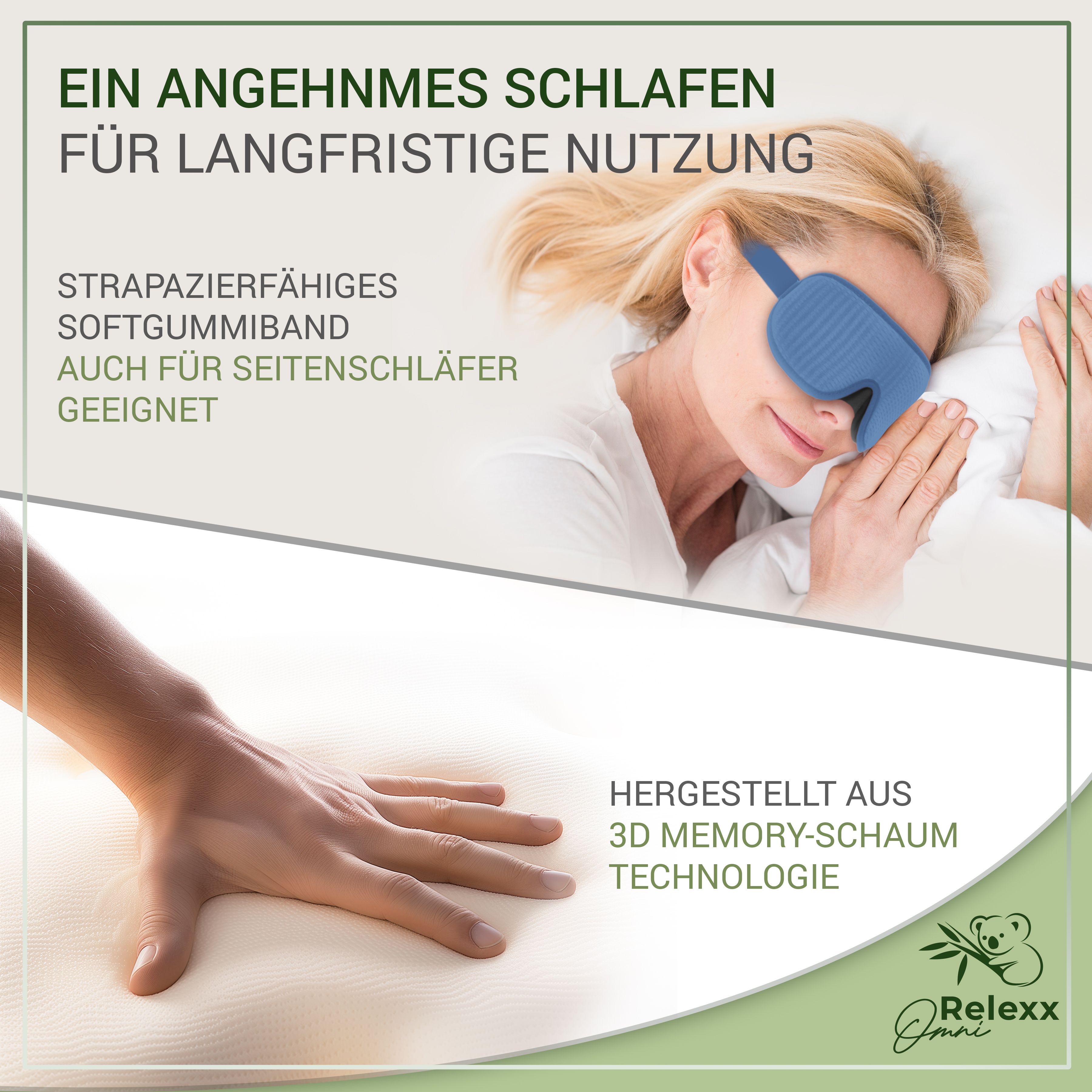 Frau mit blauer Schlafmaske. Text: Angenehmes Schlafen, 3D Memory-Schaum. Marke: Relexx Omni.