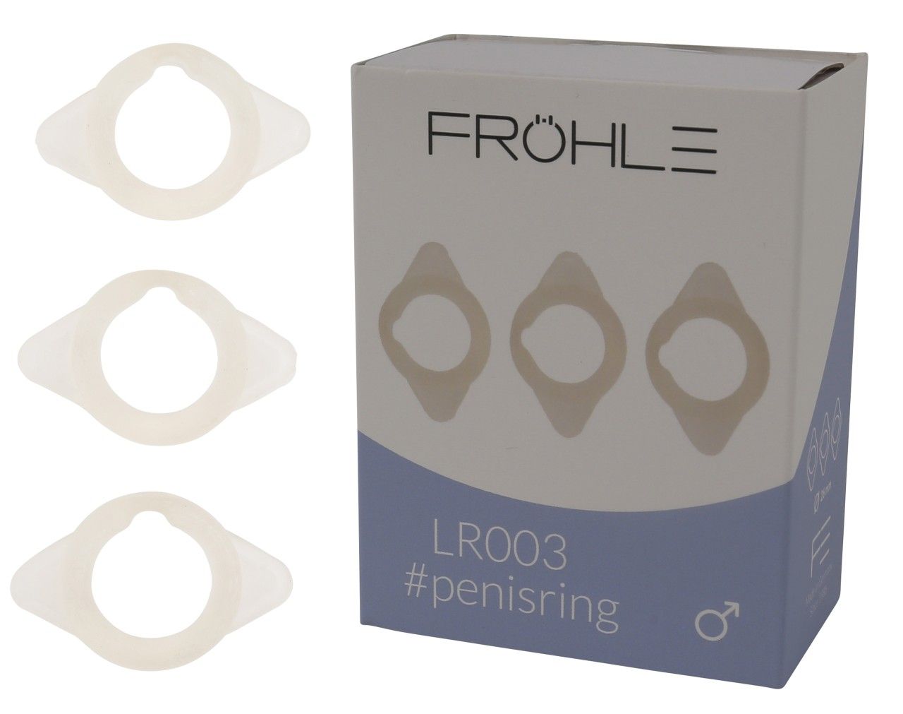 Drei weiße Penisringe und eine Packung mit der Aufschrift "FRÖHLE LR003 #penisring".