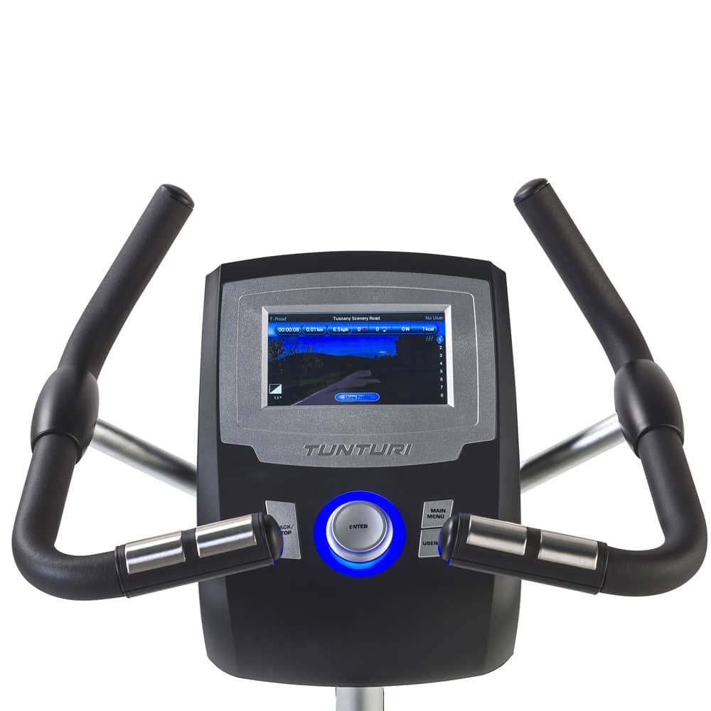 Ergometer-Konsole. Bildschirm, Lenker, Tunturi-Logo. Schwarze und silberne Elemente. Knöpfe.