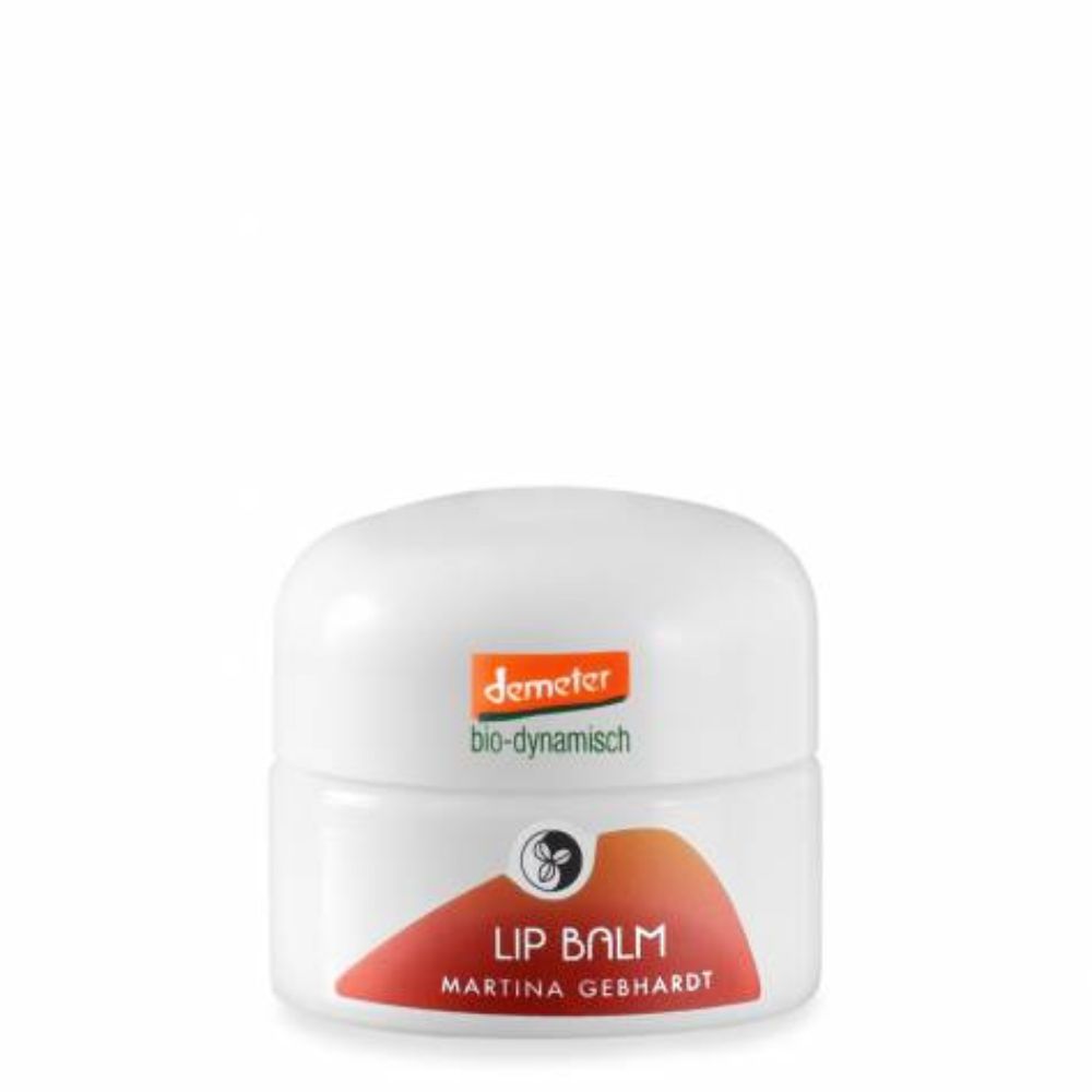 Weißer Tiegel mit Deckel. Aufschrift: Demeter, bio-dynamisch, Lip Balm, Martina Gebhardt. Roter Aufkleber mit Logo.