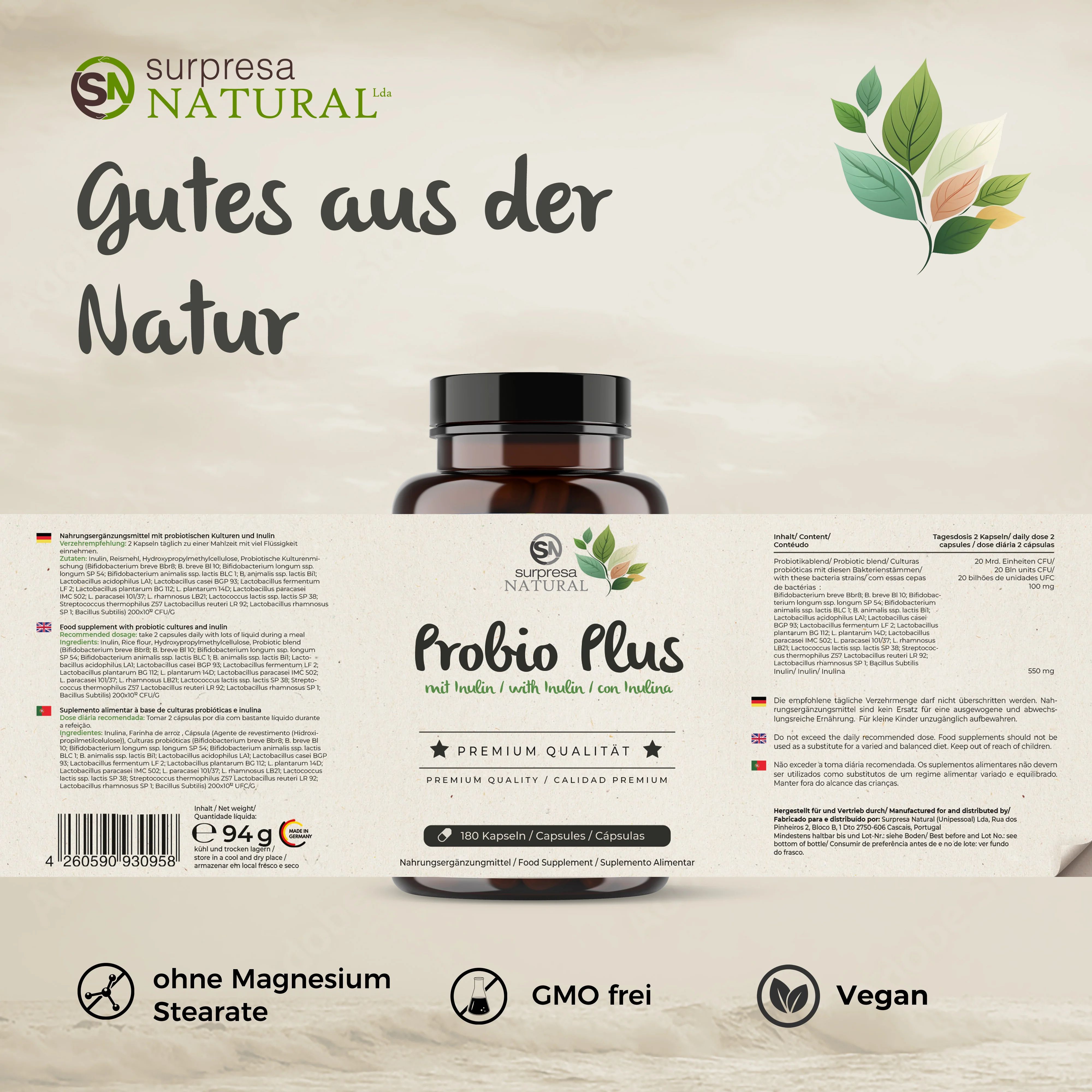 Produktflasche mit Etikett. Text: Surpresa Natural Probio Plus. Zusätzliche Informationen auf dem Etikett. Vegan, GMO-frei.