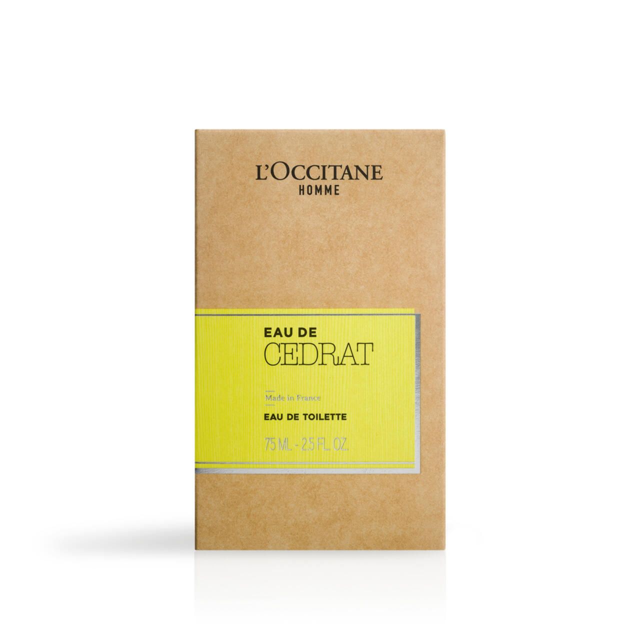 Kartonverpackung von L'Occitane Eau de Cedrat. Aufschrift: Eau de Toilette, 75 ml. Gelber Aufkleber mit Produktnamen.