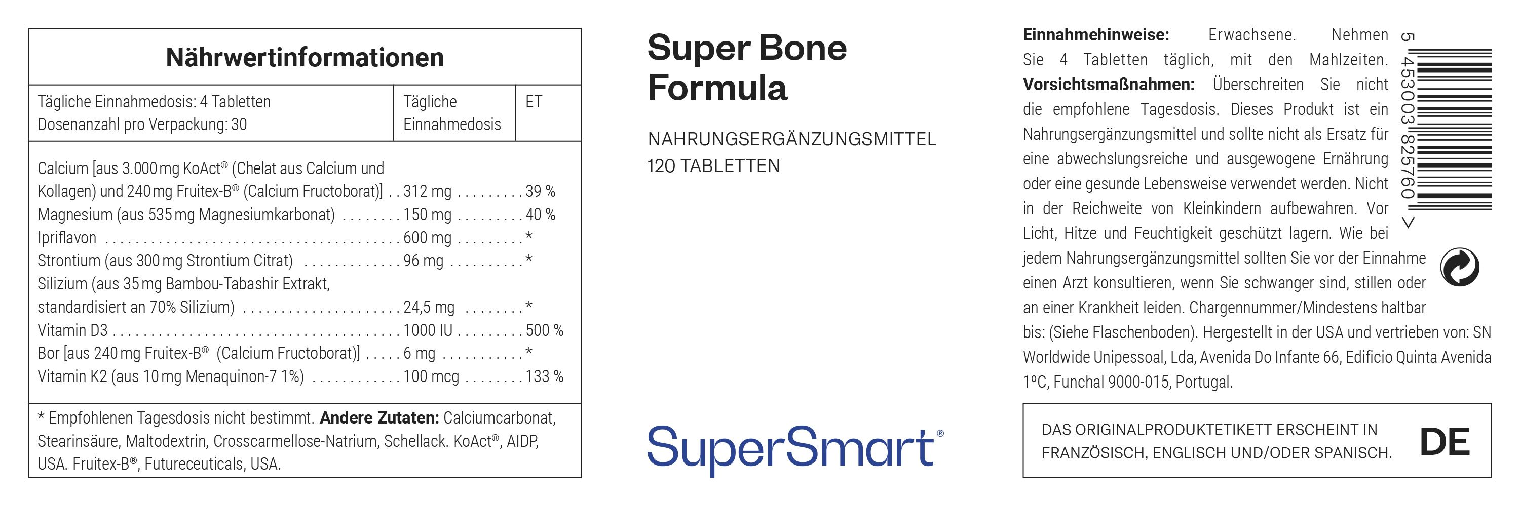 Super Bone Formula - Reich an Kalzium, Zink, Magnesium und den Vitaminen D3, K2 - SuperSmart