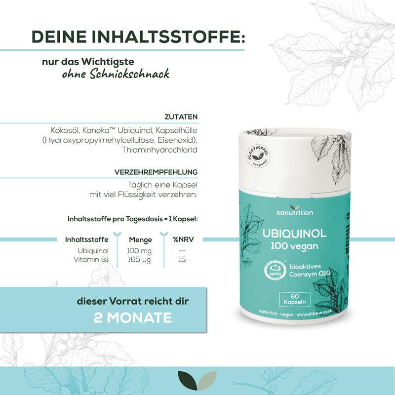 Produkt und Inhaltsstoffe. 'Ubiquinol 100 vegan' mit Zutatenliste. '60 Kapseln'. 2 Monate Vorrat.
