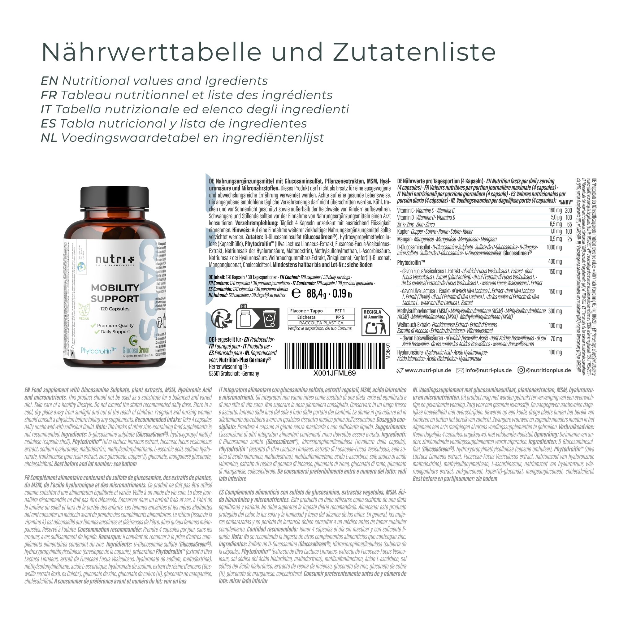 Etikett mit Nährwerttabelle und Zutatenliste. Text in Deutsch, Französisch, Italienisch, Spanisch und Niederländisch.