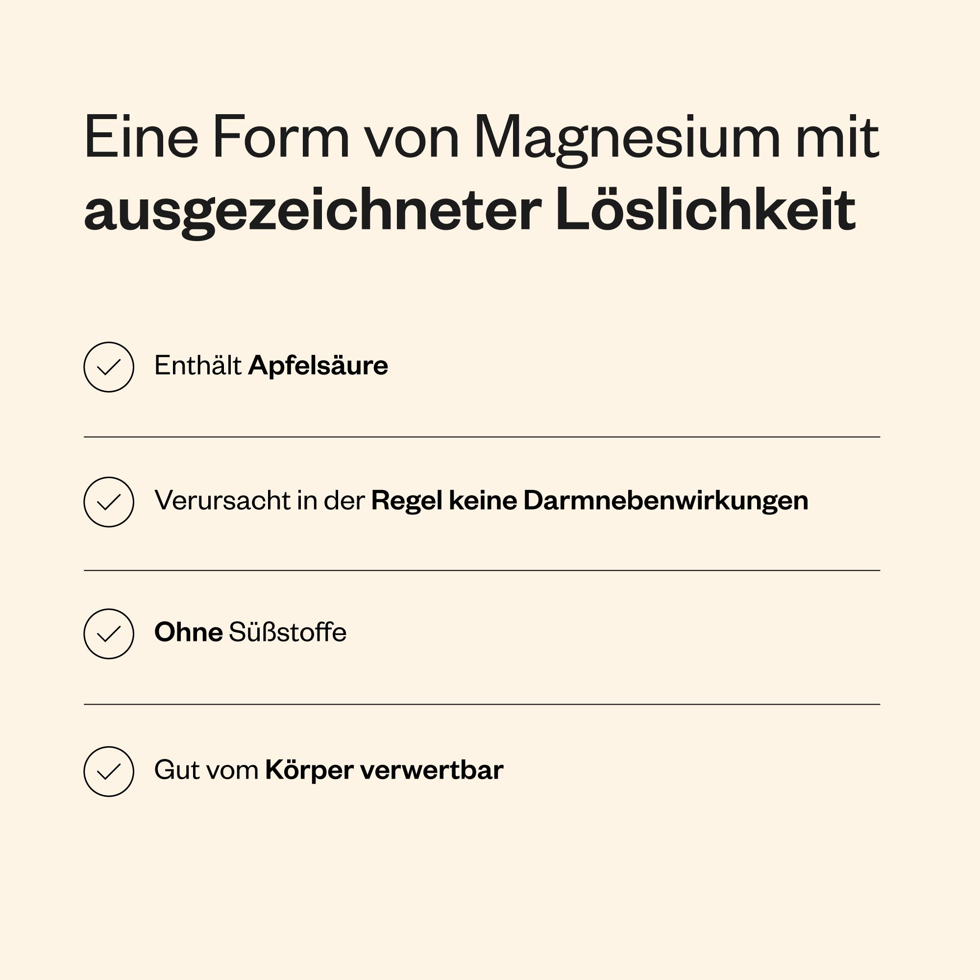Infografik mit Vorteilen von Magnesium Malat. Enthält Apfelsäure, keine Nebenwirkungen, ohne Süßstoffe, gut verwertbar.