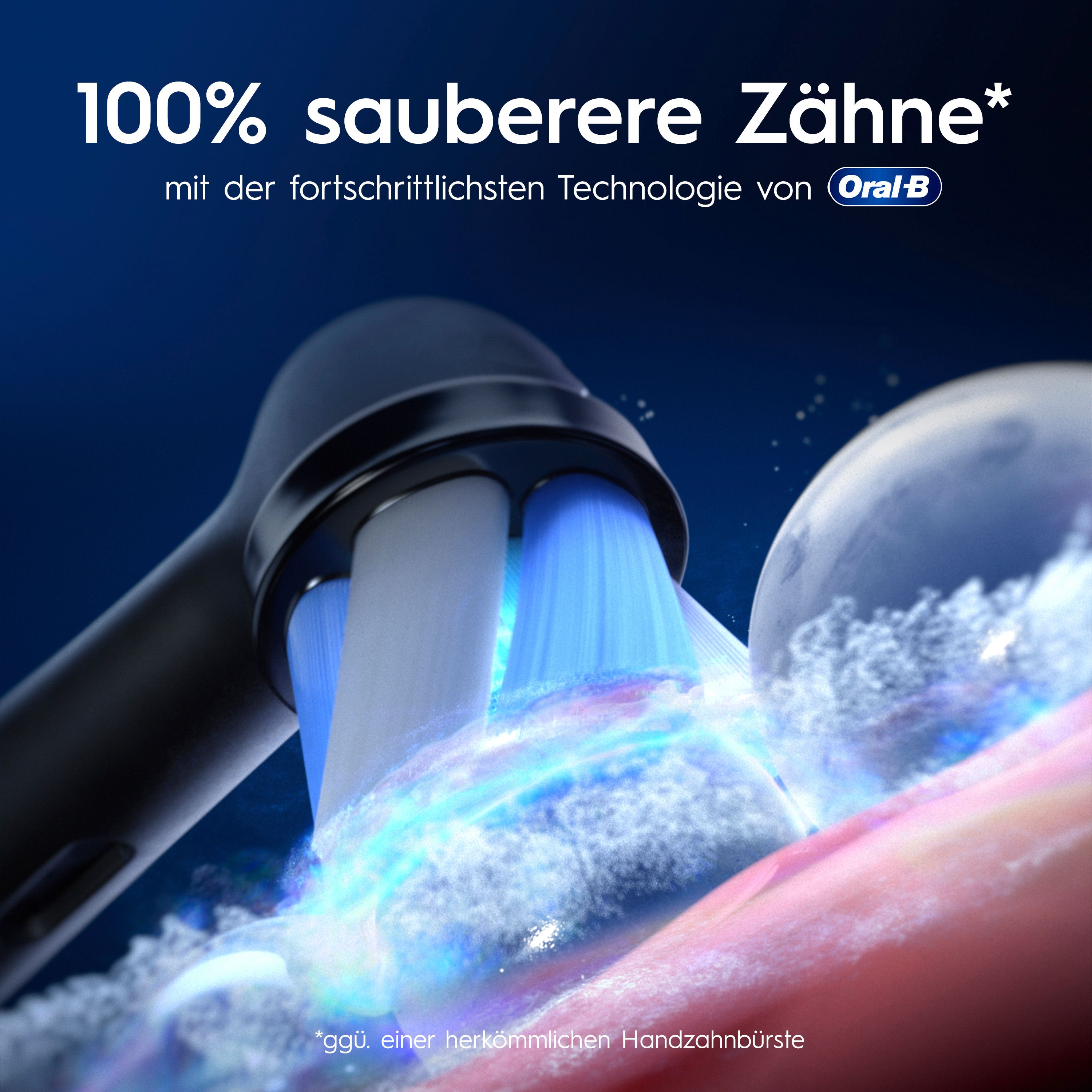 Nahaufnahme der Zahnbürste mit blauem Bürstenkopf, der Zähne reinigt. Fortschrittliche Technologie.