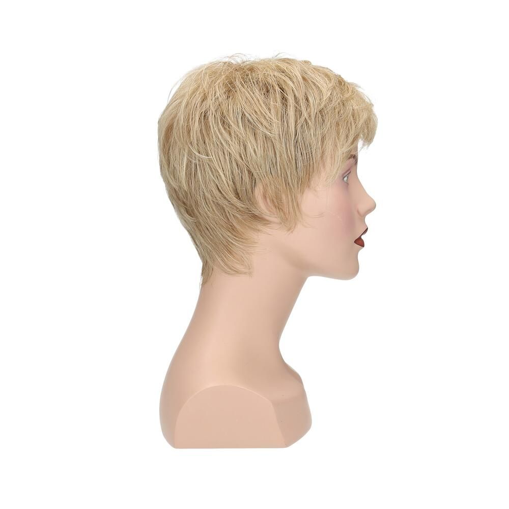 Blonde Perücke auf einem Schaufensterkopf. Kurzer, gestufter Schnitt. Der Kopf ist von der Seite zu sehen.