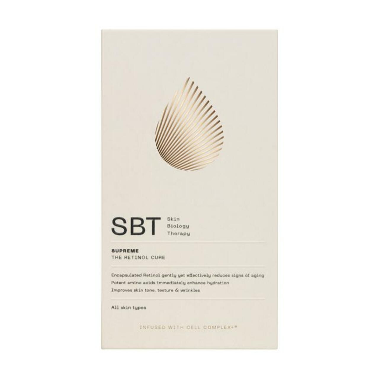 Verpackung mit "SBT" und "THE RETINOL CURE". Goldfarbenes Tropfendesign. Text: "SUPREME". Text: "Skin Biology Therapy".
