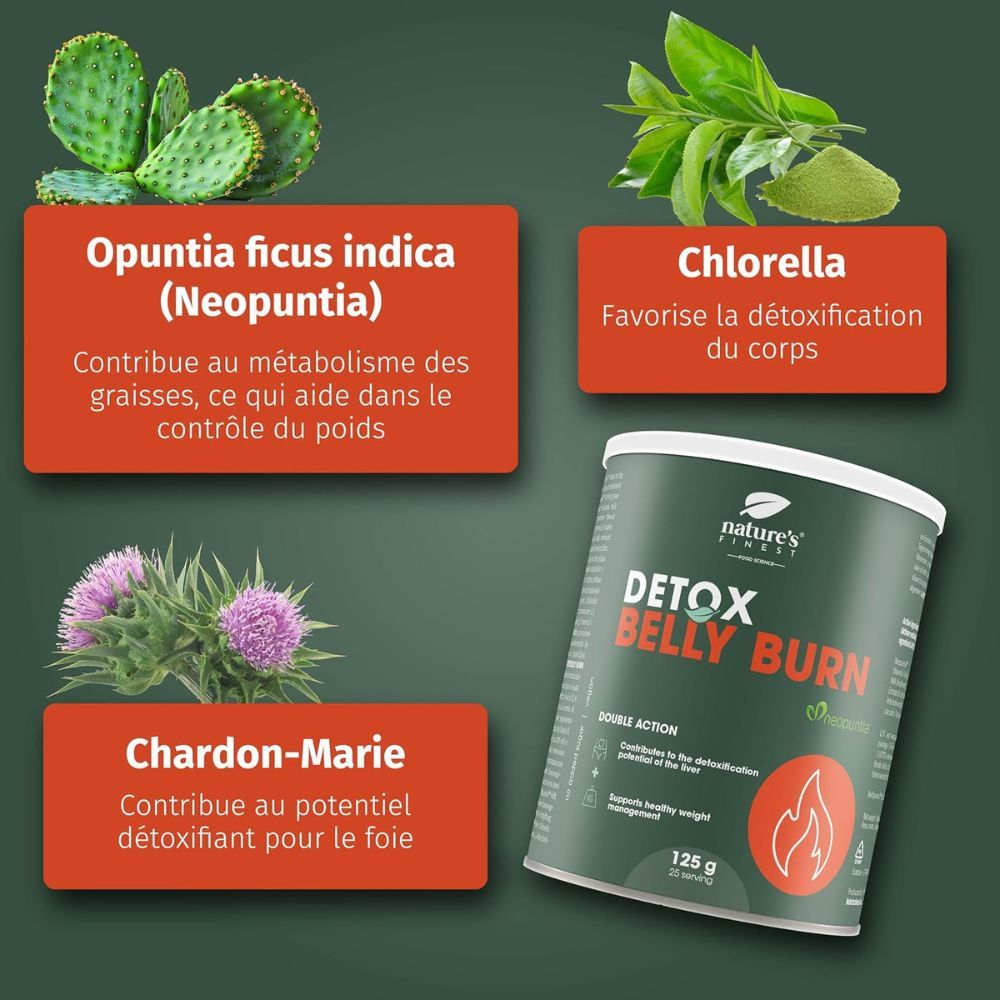 Boîte "DETOX BELLY BURN" 125 g. Verre boisson. Graphiques : cliniquement prouvé, 2 étapes.