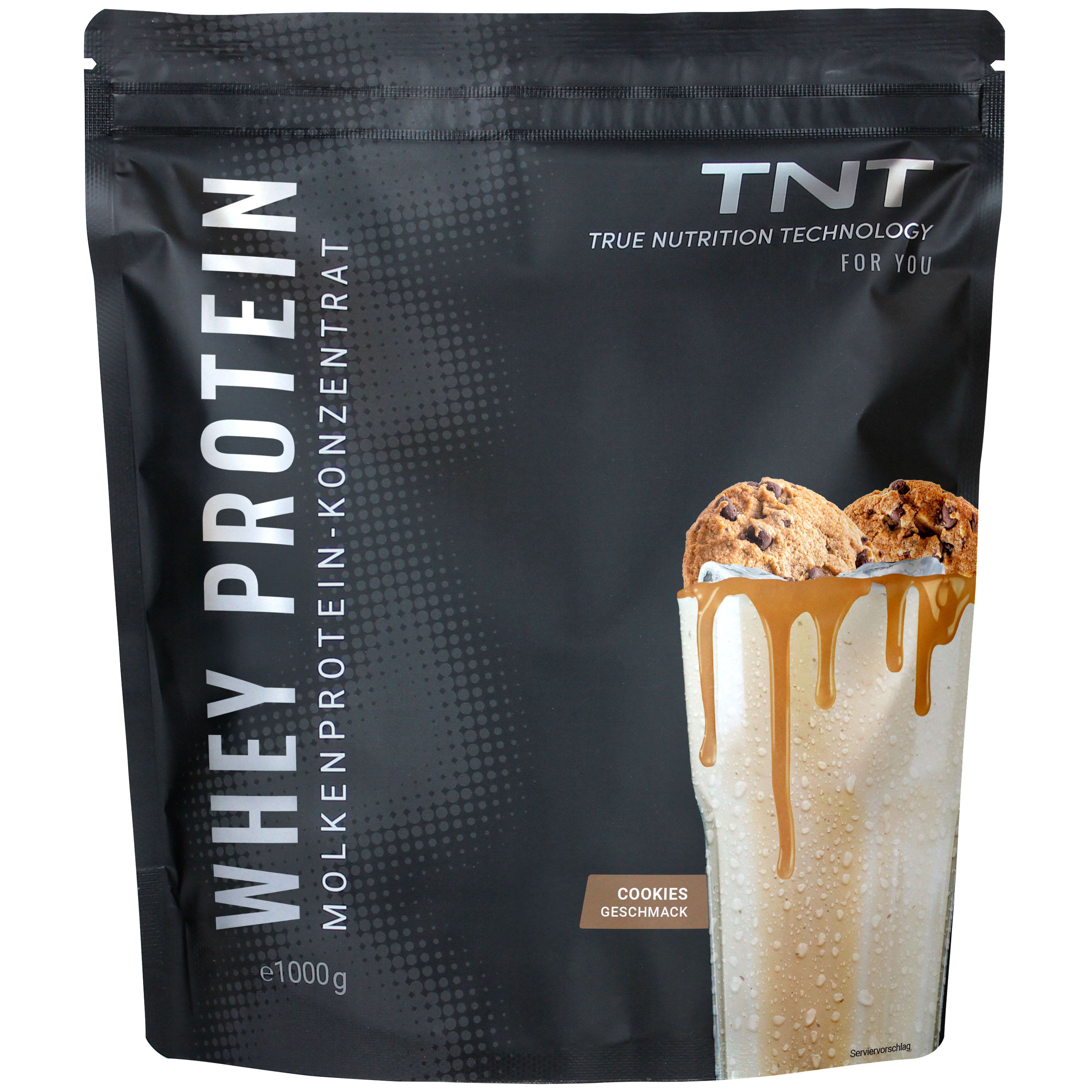 Schwarze Tüte mit TNT Whey Protein Konzentrat. Abbildung eines Shakes mit Keksen. Cookies-Geschmack. e1000g.