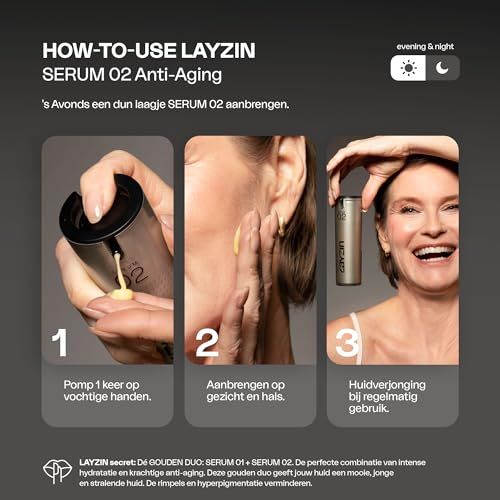 Serum 02 met ingrediënten. Tekst: Granactive Retinoid, Vitamine C, Matrixyl Peptides, Vitamine E.