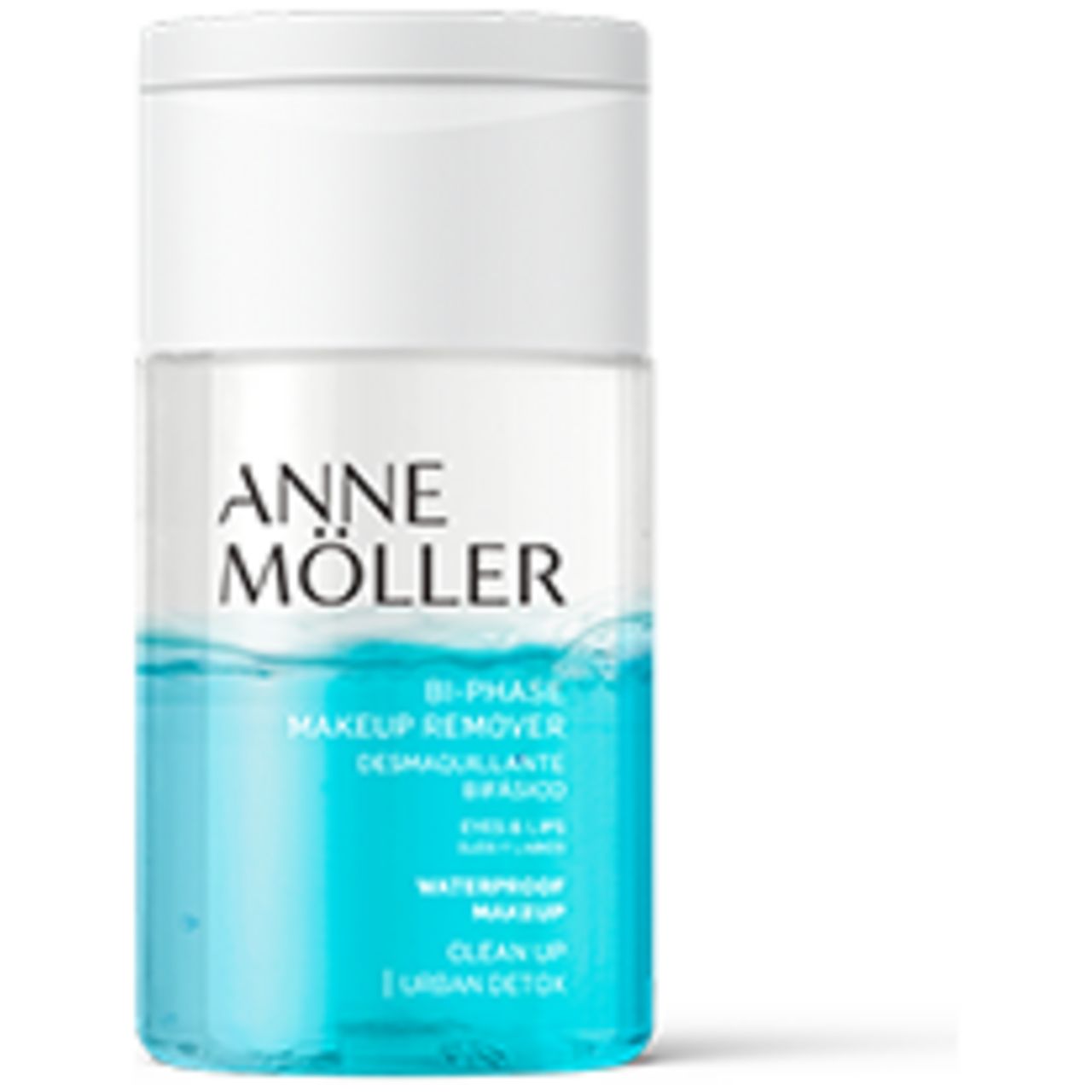 Zweiphasiger Make-up-Entferner. Blaue und transparente Flüssigkeit in einer zylindrischen Flasche. Marke Anne Möller.
