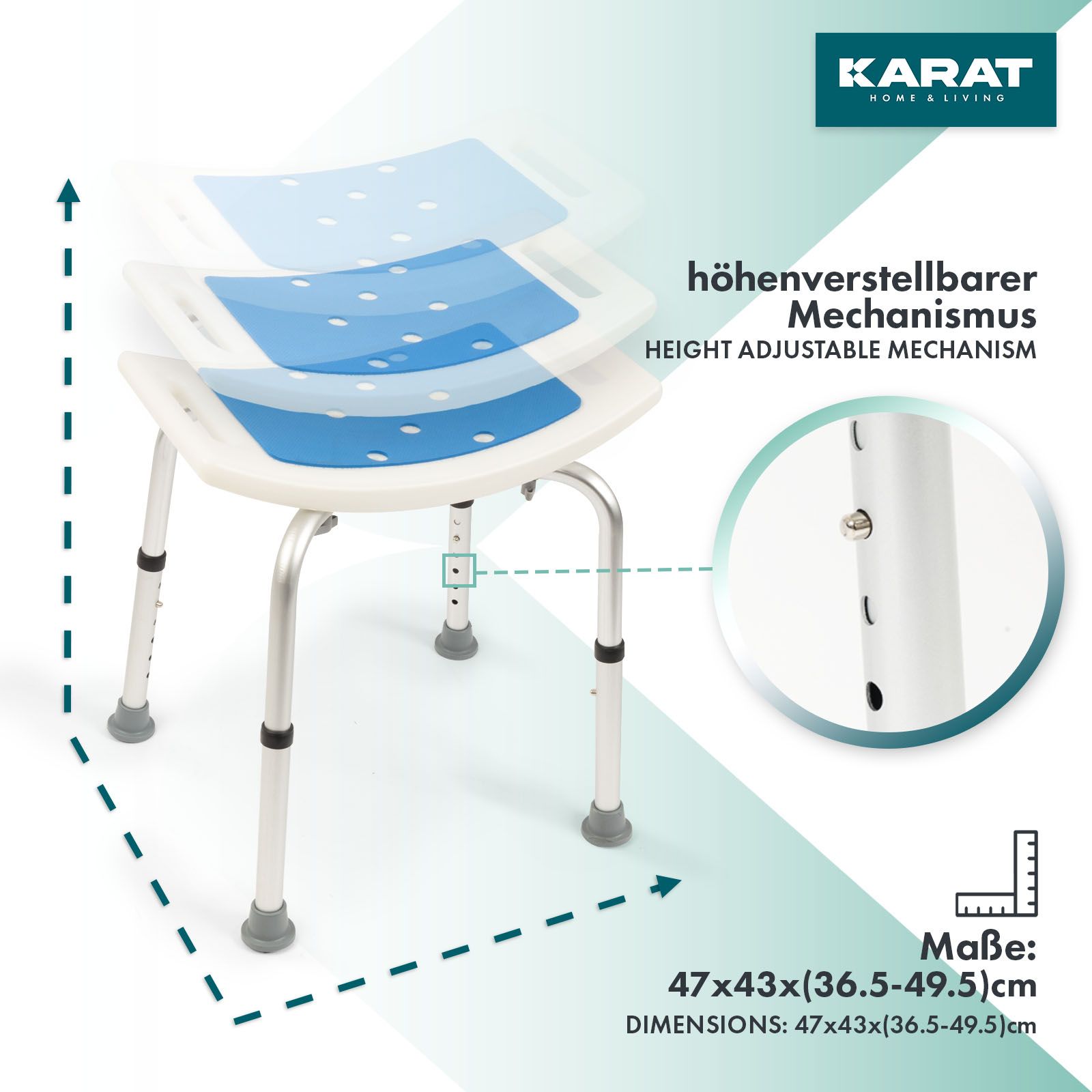 KARAT Duschhocker Noah - Höhenverstellbar - Anti-Rutsch-Gummifüße - Belastbar bis 150 kg