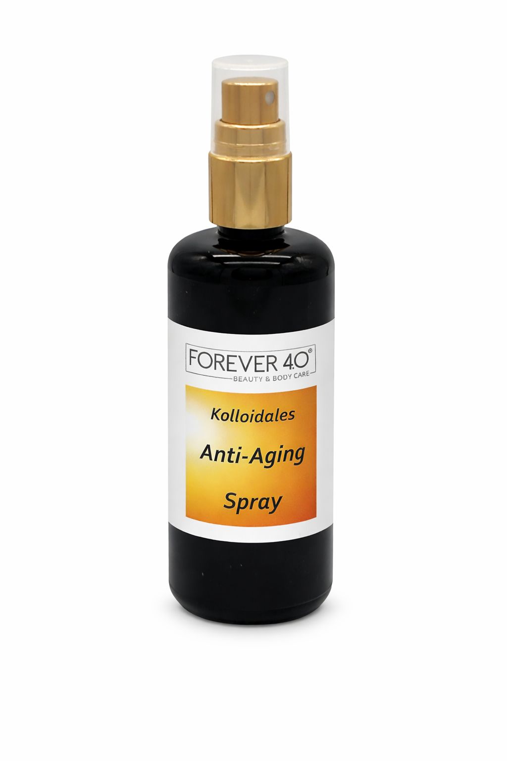 Schwarze Sprühflasche mit goldfarbenem Sprühkopf. Etikett mit Produktnamen und Text. Aufschrift: FOREVER 40, Anti-Aging Spray.
