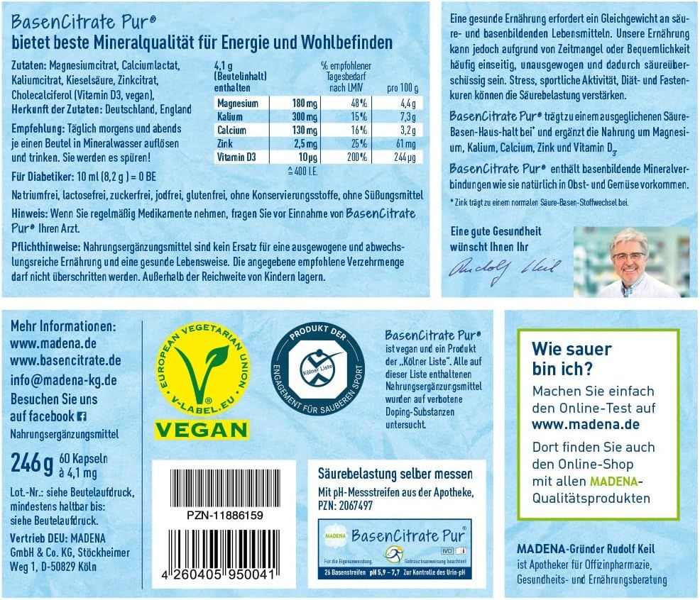 Rückseite der Verpackung von MADENA Basen Citrate Pur. Enthält Informationen zu Inhaltsstoffen, Nährwerten, und Zertifizierungen.