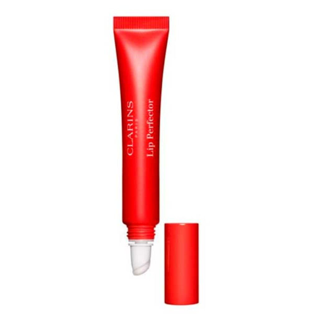 Rote Tube mit Clarins Lip Perfector. Aufschrift Clarins Paris. Produktname und Farbe sind sichtbar. Mit Applikator.