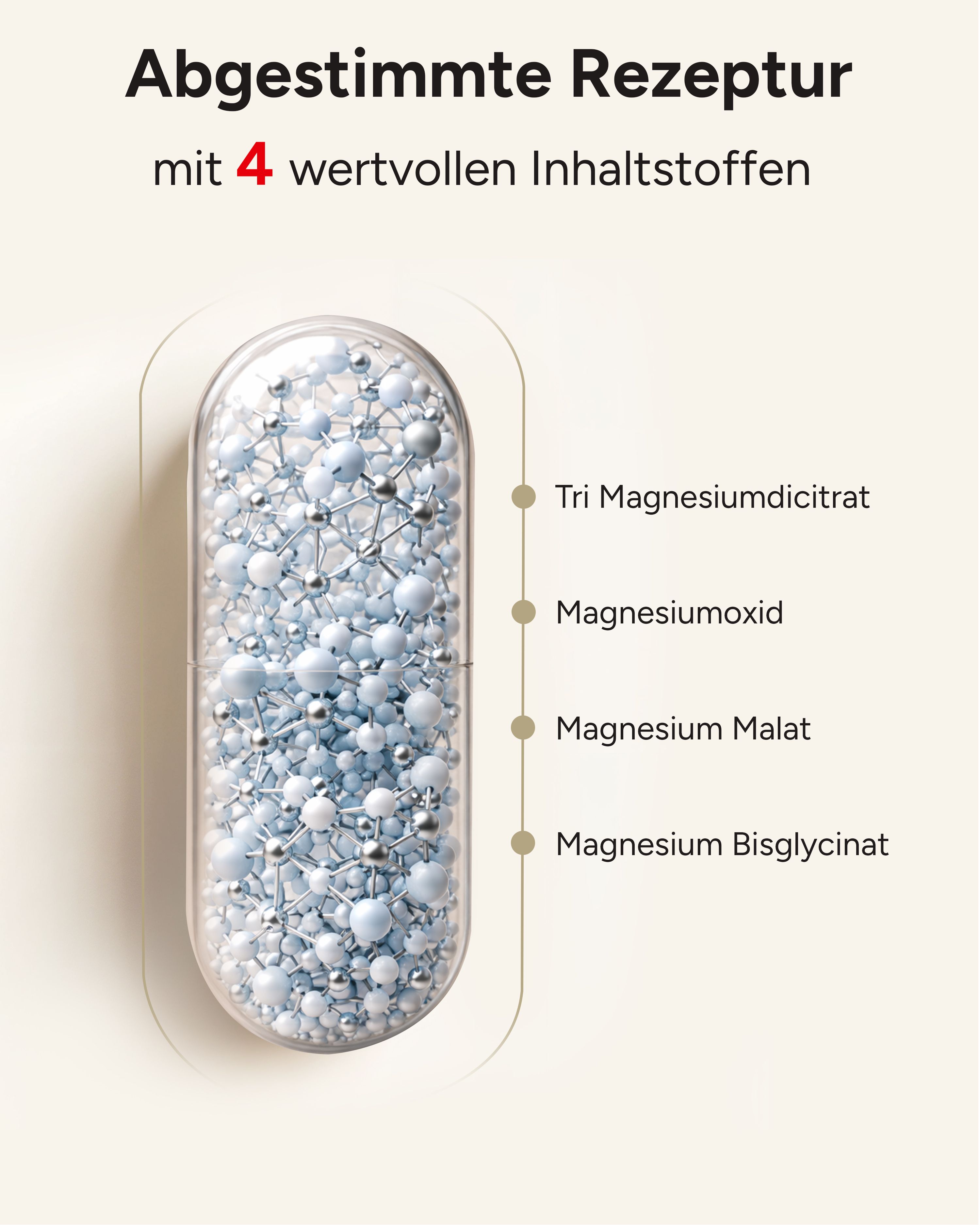 Kapsel mit 4 Inhaltsstoffen: Tri Magnesiumdicitrat, Magnesiumoxid, Magnesiummalat, Magnesiumbisglycinat.