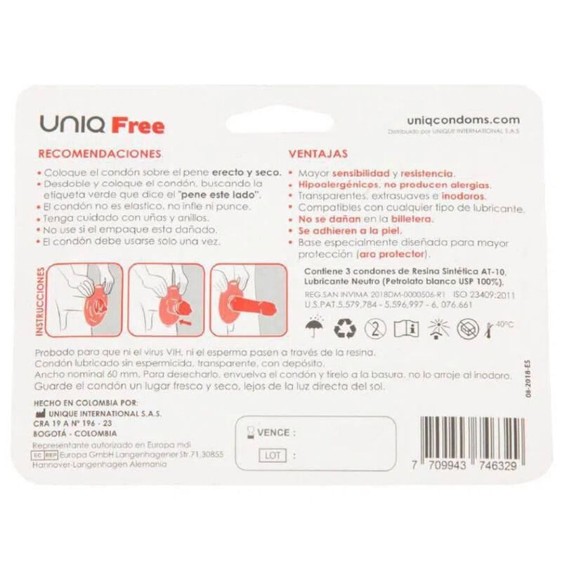 Rückseite der Uniq Free Kondomverpackung. Enthält Informationen, Anweisungen und Warnhinweise.