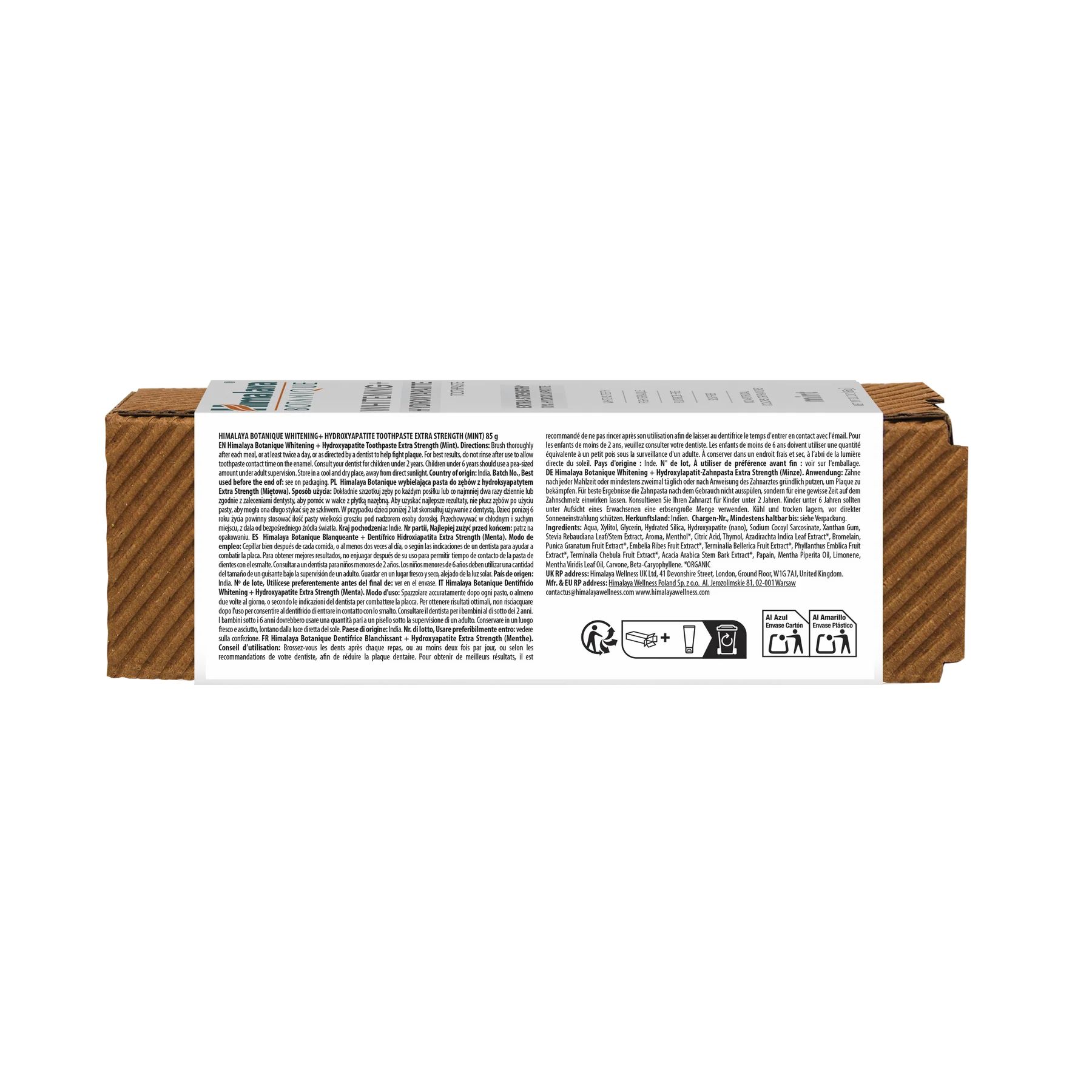 Kartonverpackung für Zahnpasta. Text: Himalaya Botanique Whitening + Hydroxylapatit. Rückseite mit Text.