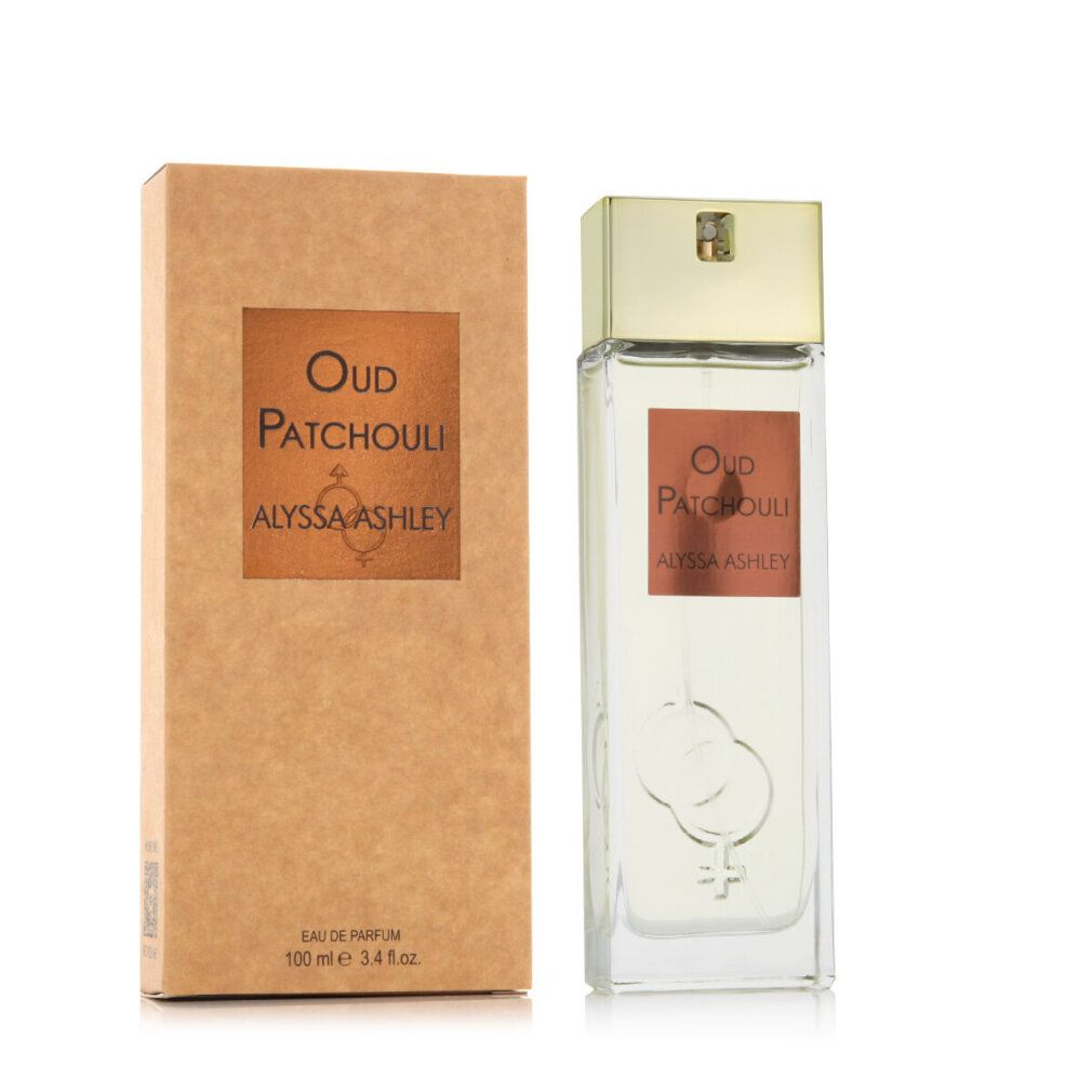 Parfümflakon und Verpackung. Aufschrift: Oud Patchouli, Alyssa Ashley. Verpackung braun. Flakon mit goldfarbenem Deckel.