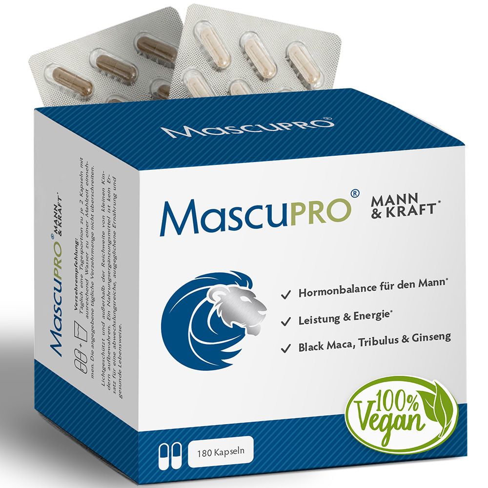 MascuPRO Produktbox mit 180 Kapseln, 100% Vegan Siegel.