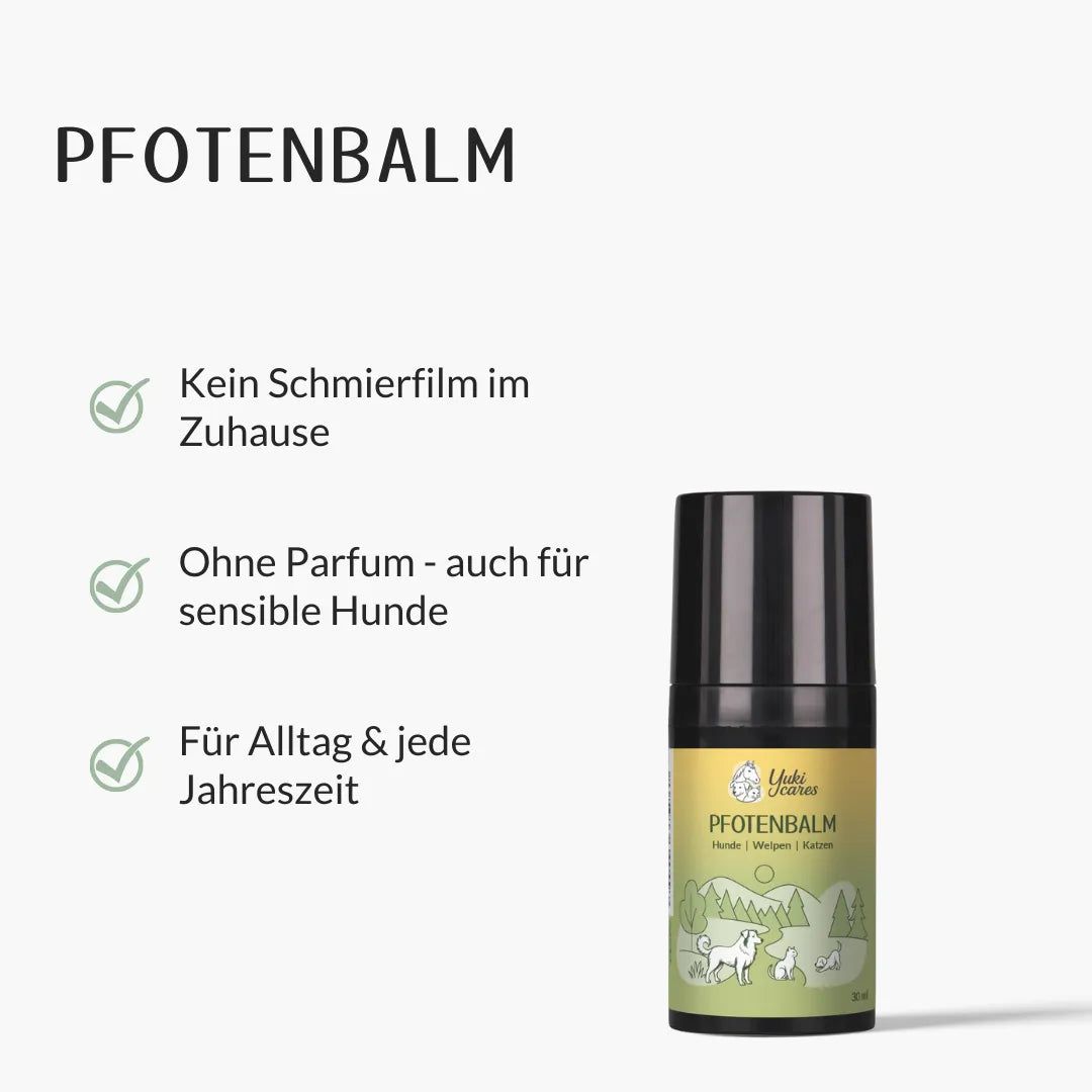 Schwarze Dose mit gelb-grünem Etikett. Text: Pfotenbalm. Logo Yuki cares. Illustrationen von Hunden. Text: 30ml.