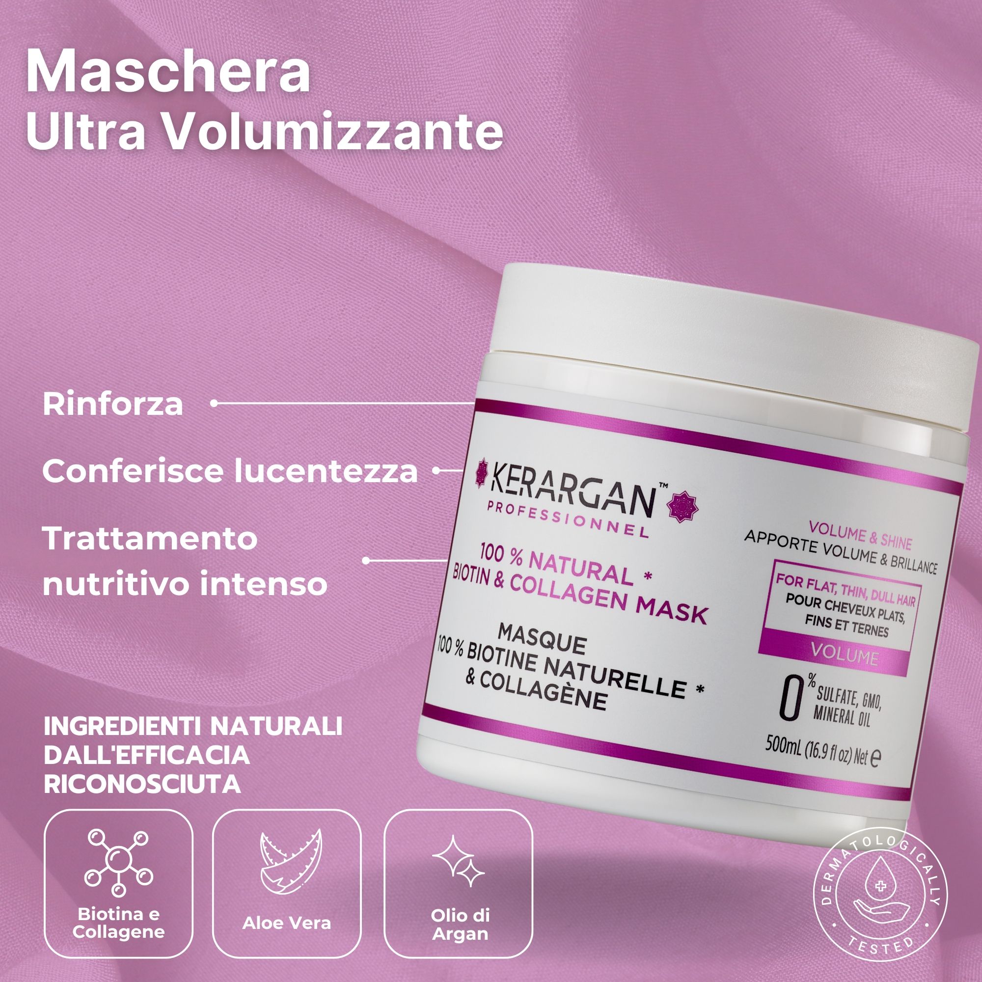 Vaso di maschera per capelli Kerargan. Bianco con etichetta rosa. Testo: Biotina e Collagene. Volume e Lucentezza. 500ml.