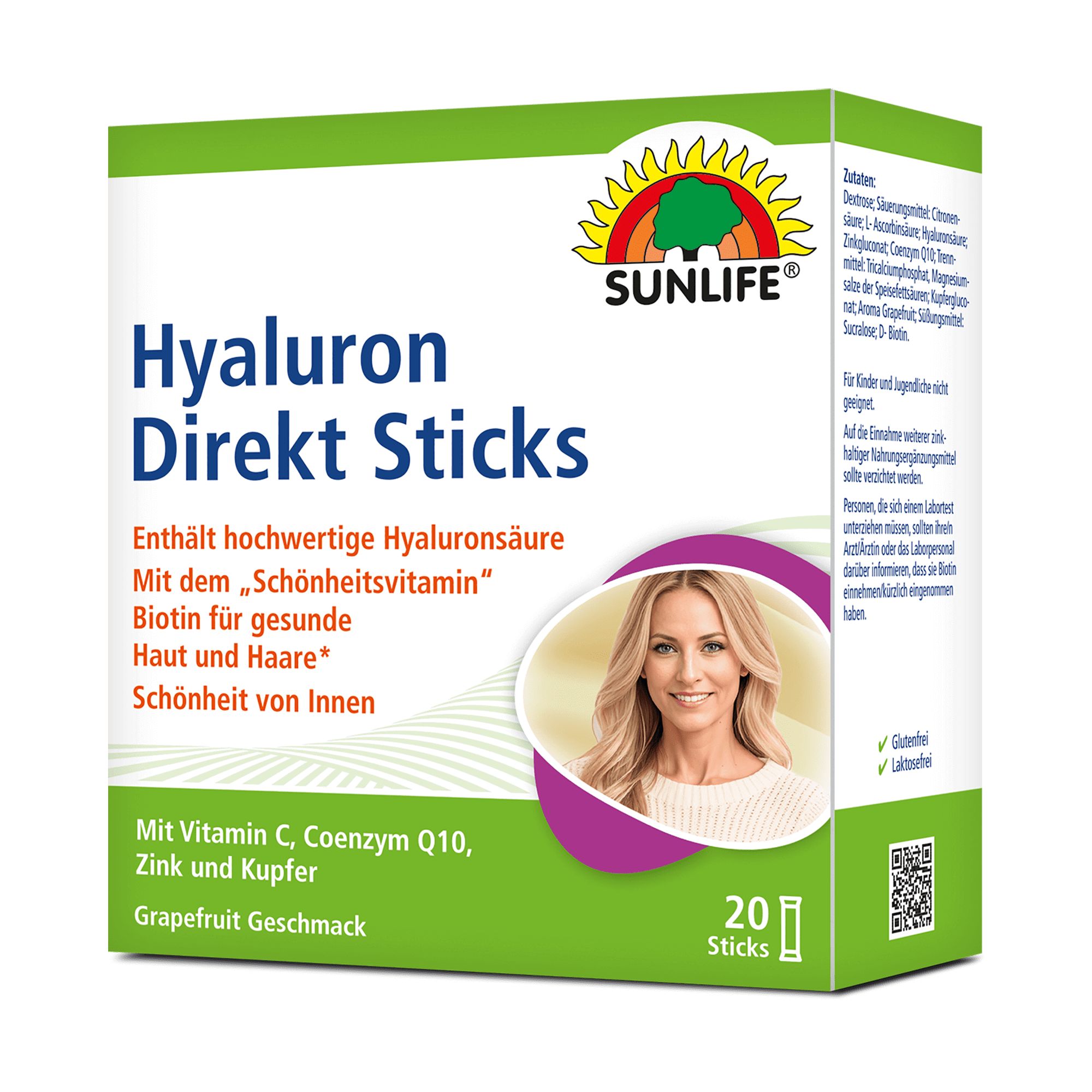 Grüne Schachtel mit SUNLIFE® Hyaluron Direkt Sticks. Enthält 20 Sticks. Aufdruck mit Produktnamen, Frauengesicht und Inhaltsstoffen.