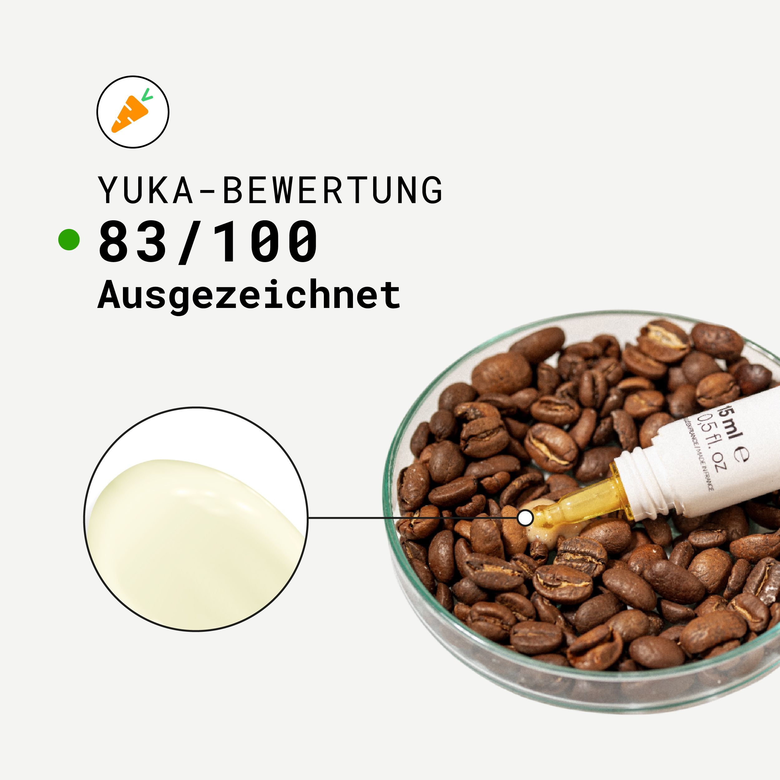 Yuka-Bewertung: 83/100. Tube neben Kaffeebohnen. Gelbe Creme daneben.