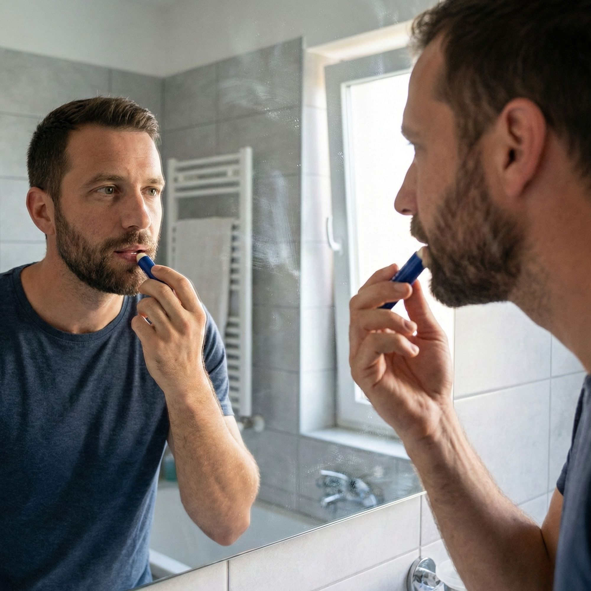 Mann betrachtet sich im Spiegel und trägt Lippenbalsam auf. Der Lippenbalsam ist blau.