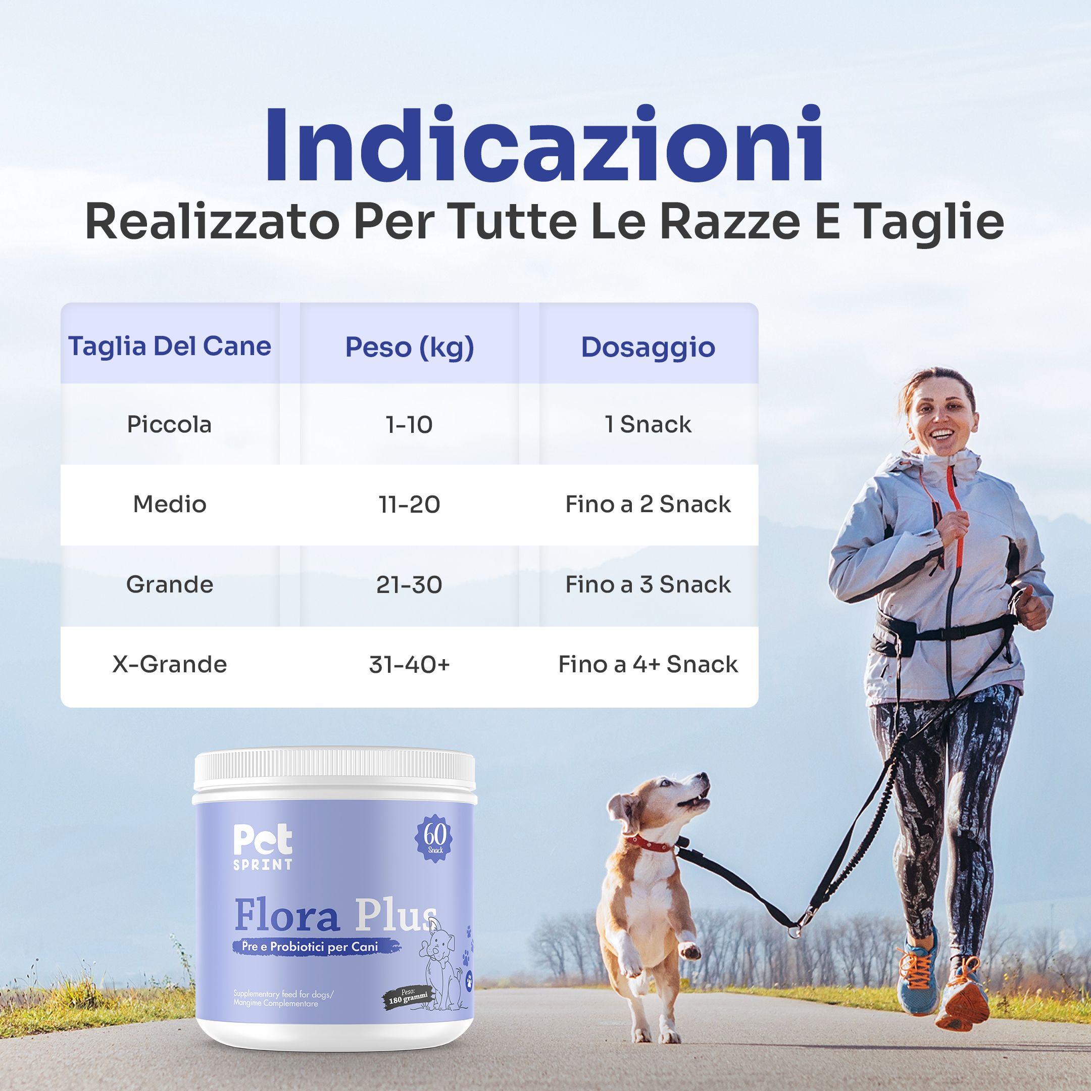 Contenitore Flora Plus, tabella dosaggio per taglia cane. Donna che fa jogging con cane al guinzaglio.