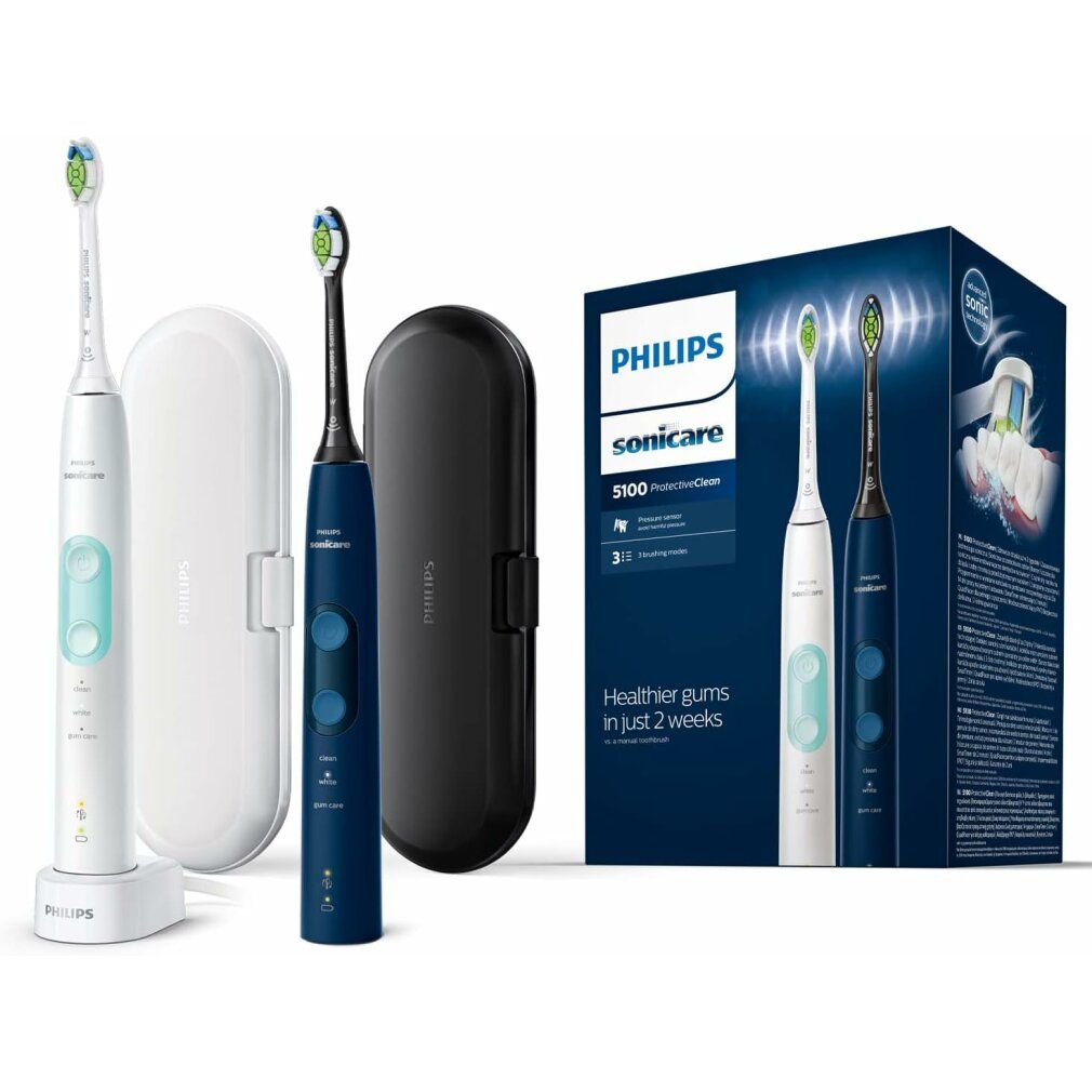 Zwei elektrische Zahnbürsten, Ladestation, zwei Etuis, Verpackung. Philips Sonicare-Logo. Blaue und weiße Bürsten.