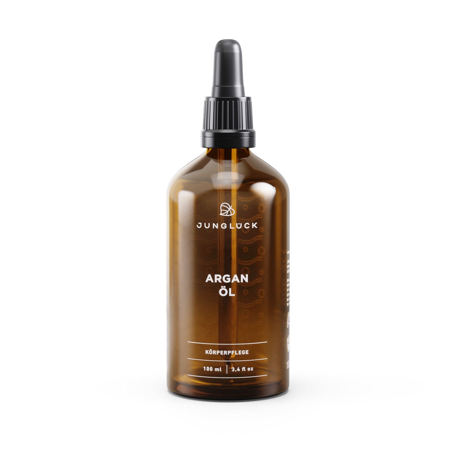 Braune Glasflasche mit schwarzem Tropfer. Beschriftung: JUNGLÜCK Argan Öl, Körperpflege. 100 ml.