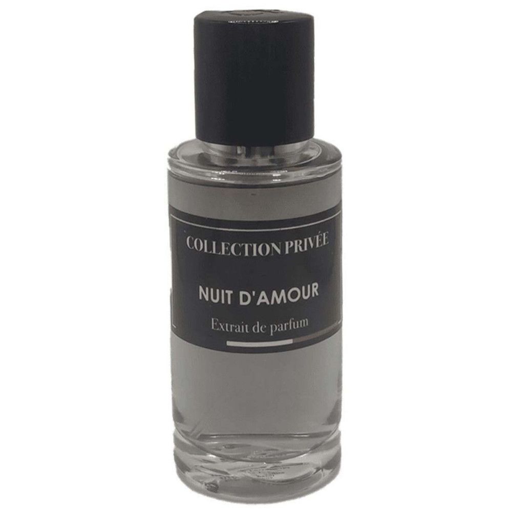 Parfümflakon mit schwarzem Deckel. Auf dem Etikett steht: COLLECTION PRIVÉE, NUIT D'AMOUR, Extrait de parfum.
