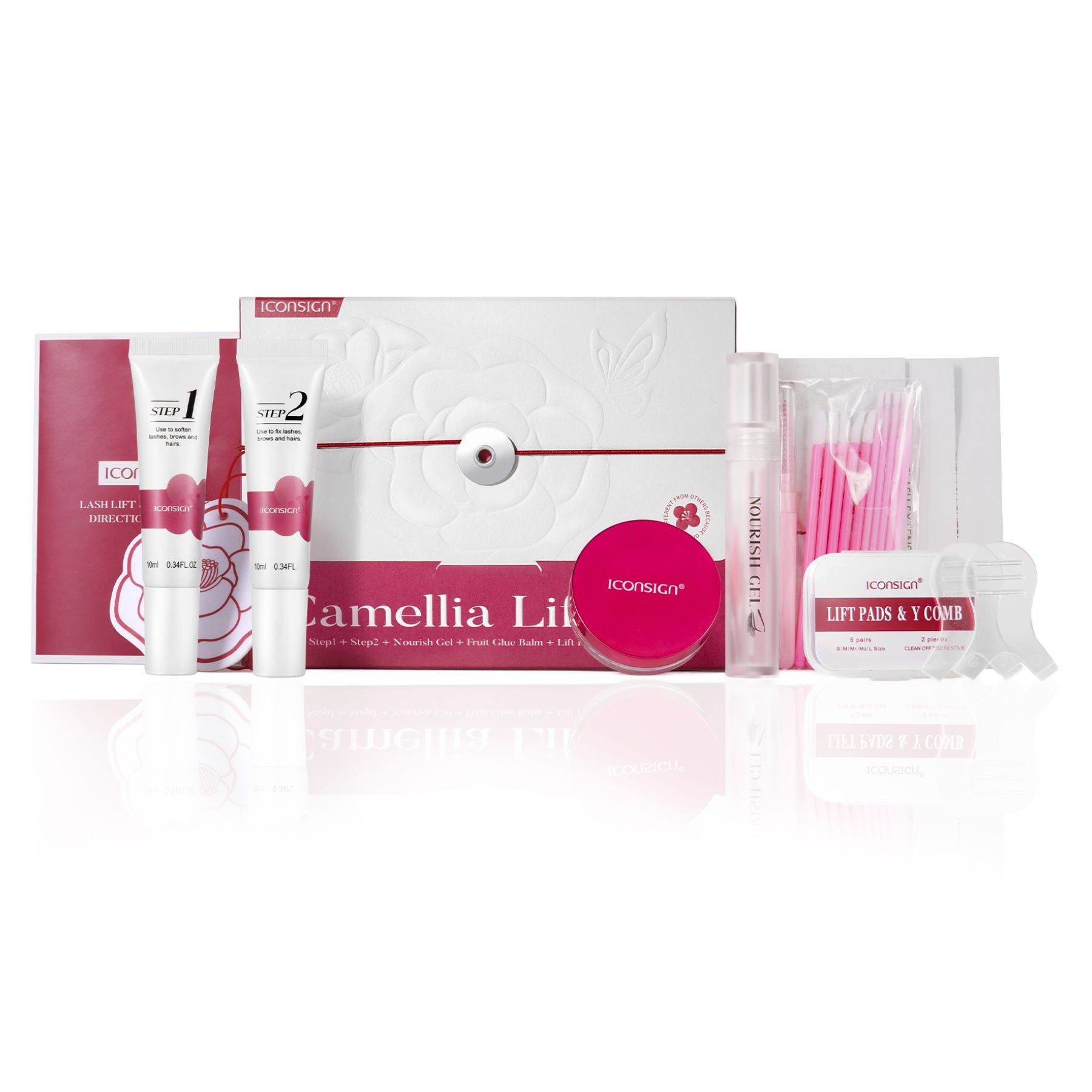 Komplettes Wimpernlifting-Set. Enthält Cremes, Bürsten, Pads, Kleber und Zubehör. Verpackung mit Produktnamen.