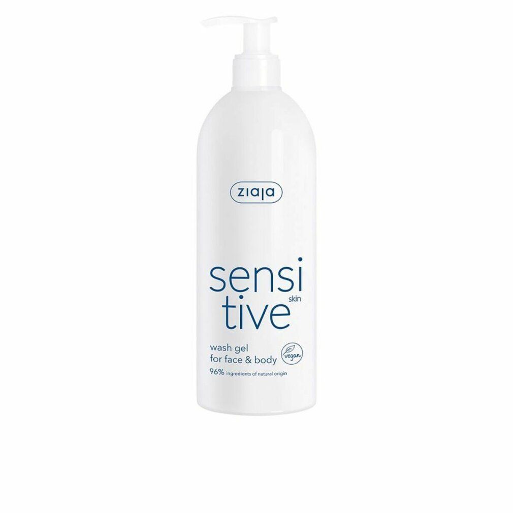 Weiße Flasche mit Dosierpumpe. Aufschrift: Ziaja, sensitive skin, wash gel for face & body, 96% ingredients of natural origin. Vegan-Siegel.