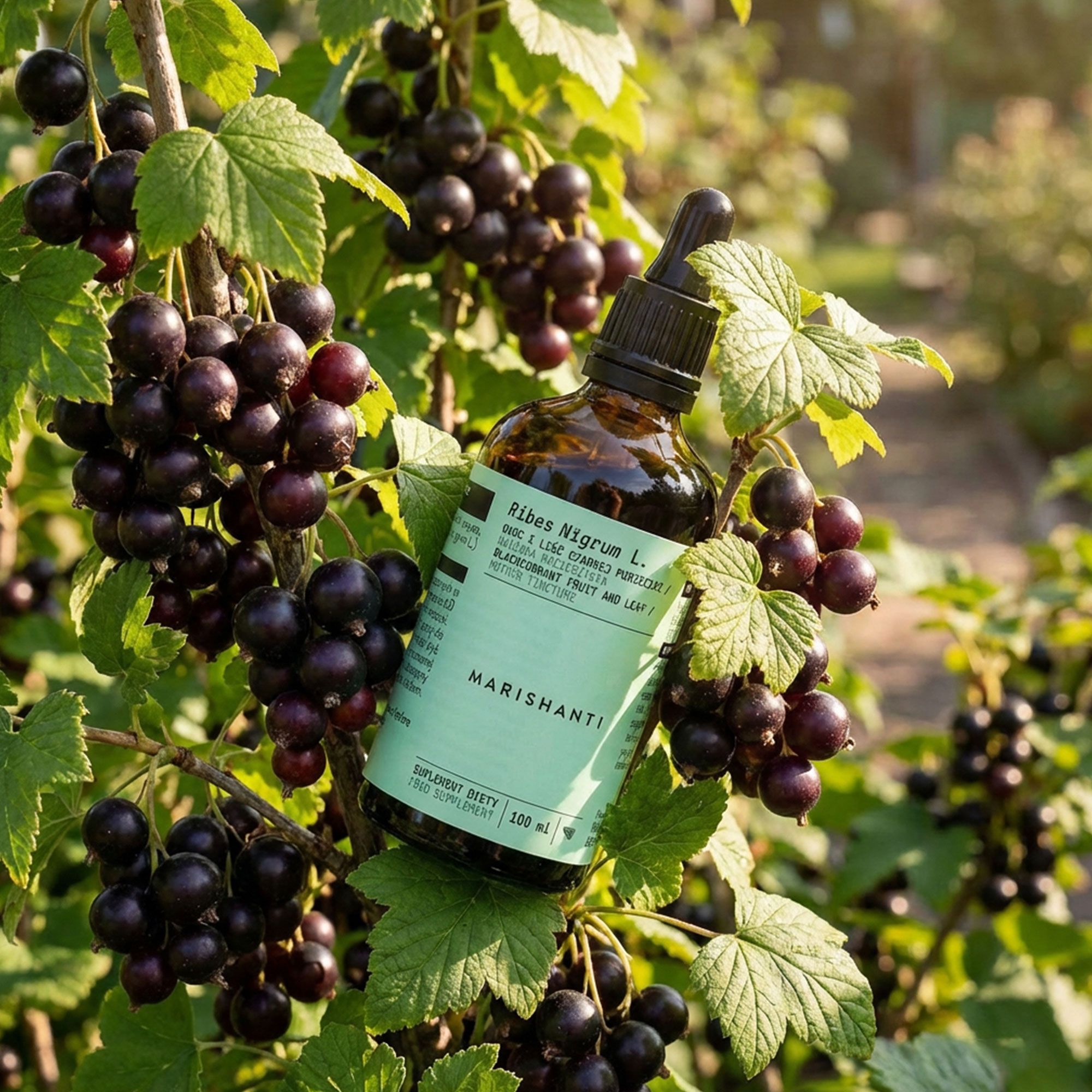Braune Flasche mit Tropfer. Marishanti Schwarze Johannisbeere Extrakt. Flasche in Johannisbeerzweig.