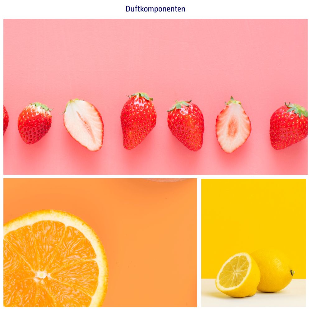 Drie afbeeldingen met aardbeien, sinaasappels en citroenen. Aardbeien op een rij, sinaasappel gehalveerd, citroenen heel en gehalveerd.
