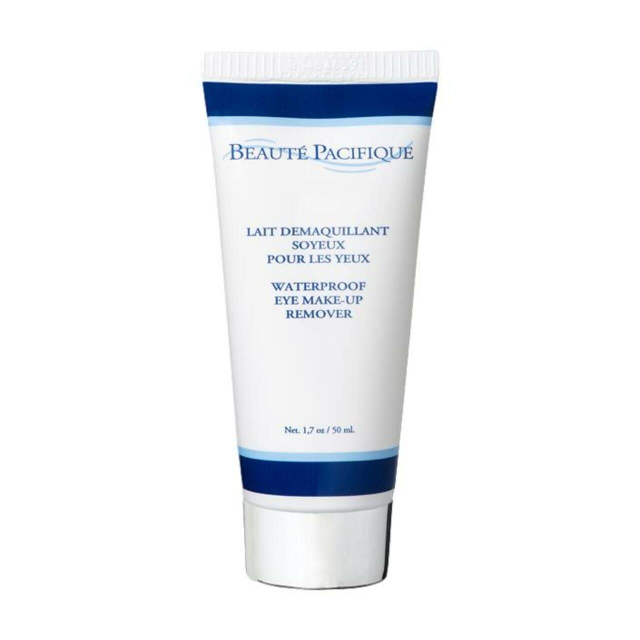 Weiße Tube mit blauem Streifen. Schriftzug: Beauté Pacifique, Lait Démaquillant Soyeux, Waterproof Eye Make-Up Remover.