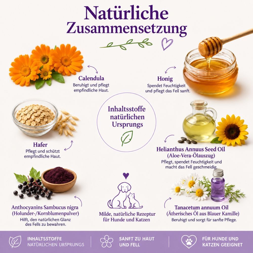 Flasche mit 250ml Hundeshampoo, natürliche Zusammensetzung, mit Aloe Vera und ätherischen Ölen.